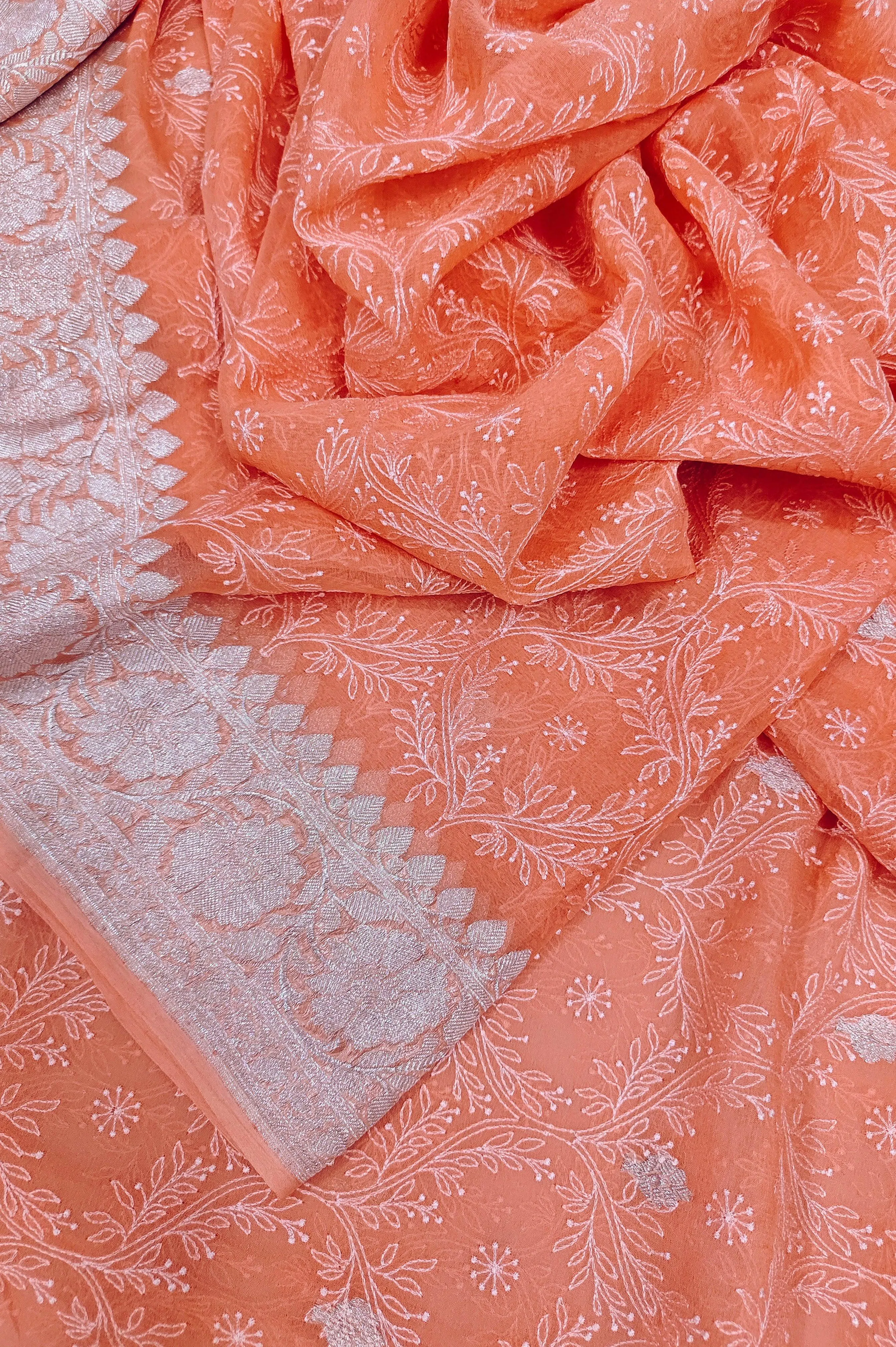 Peach Color Chiffon Saree with Chikankari and Silver Butta Work