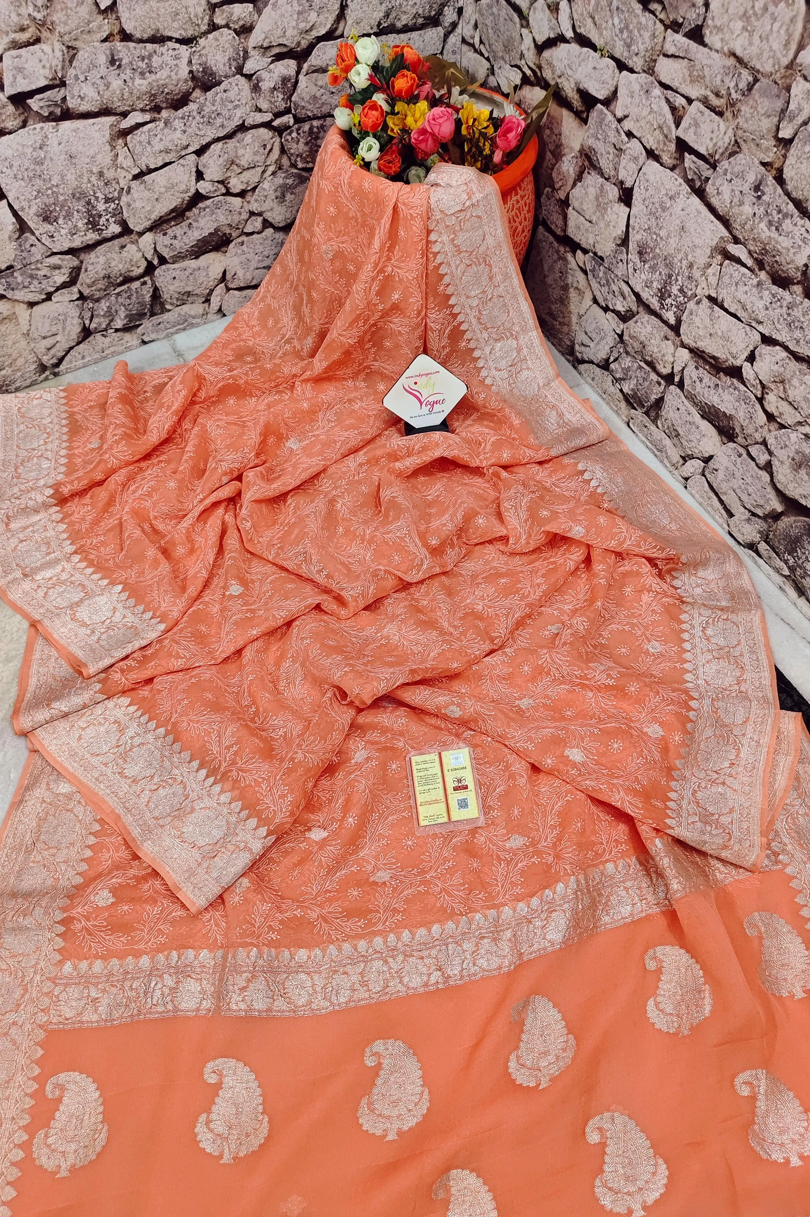 Peach Color Chiffon Saree with Chikankari and Silver Butta Work