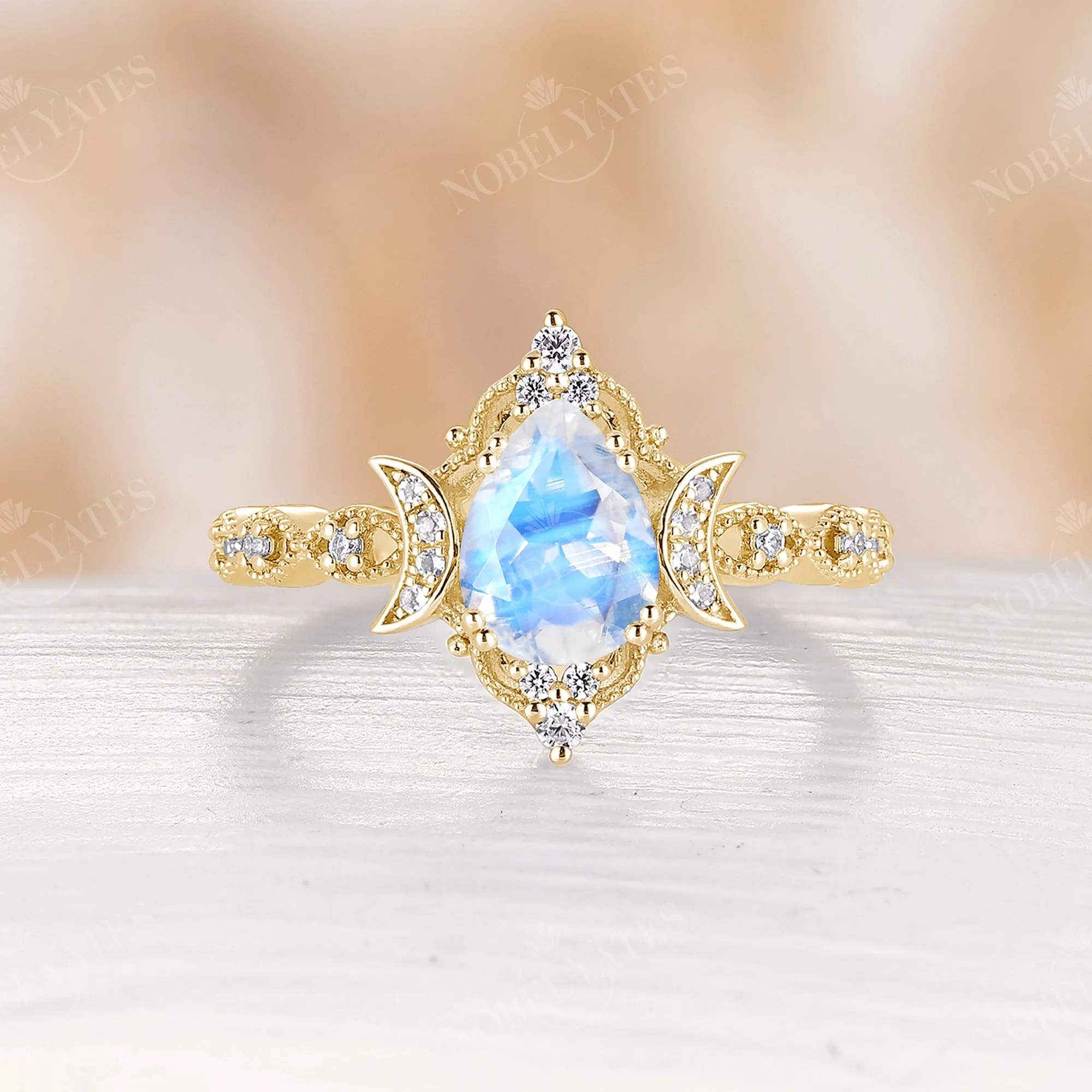 Pear Moonstone Rose Gold Celestial Moon Engagement Ring Milgrain