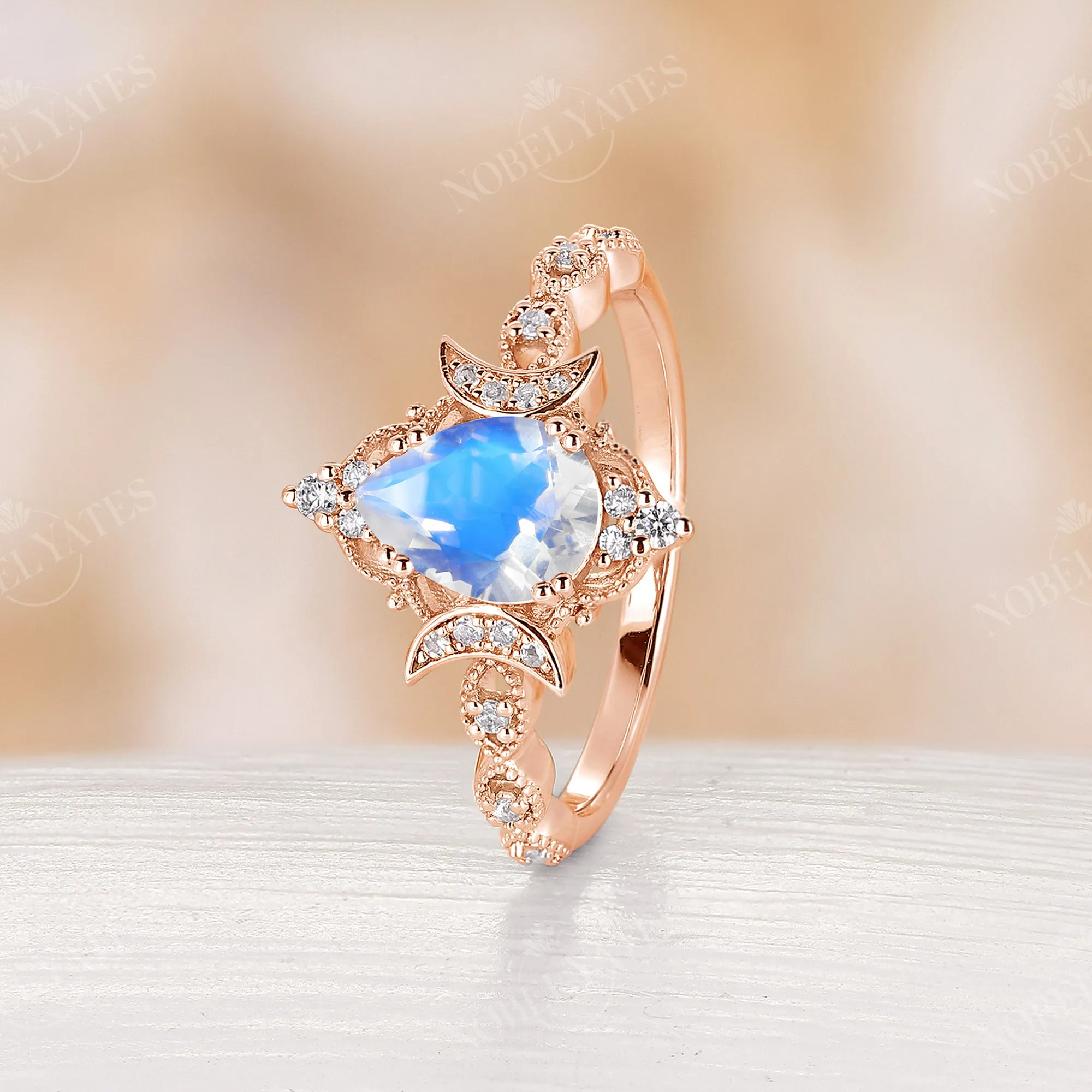 Pear Moonstone Rose Gold Celestial Moon Engagement Ring Milgrain