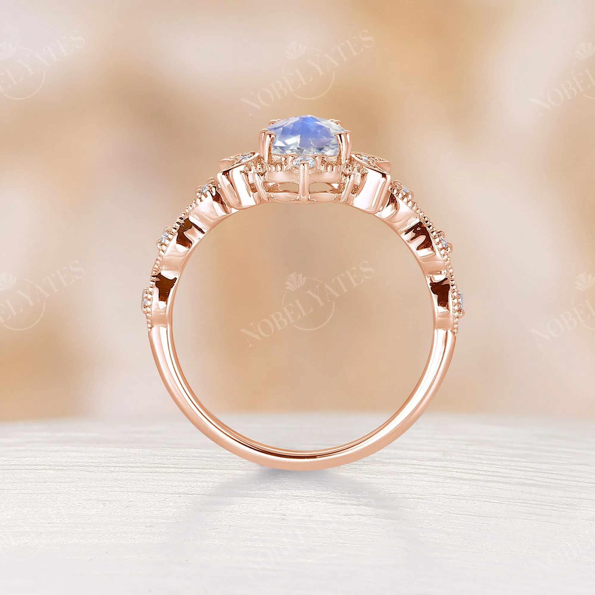 Pear Moonstone Rose Gold Celestial Moon Engagement Ring Milgrain