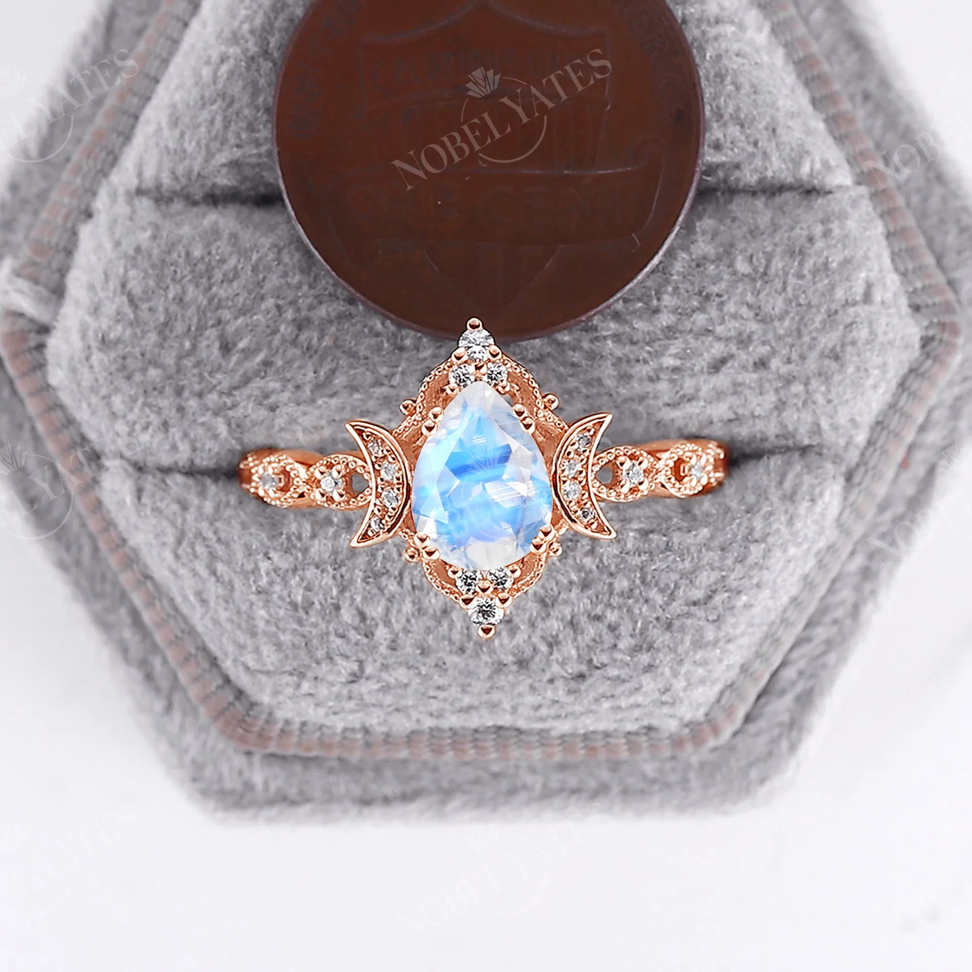 Pear Moonstone Rose Gold Celestial Moon Engagement Ring Milgrain