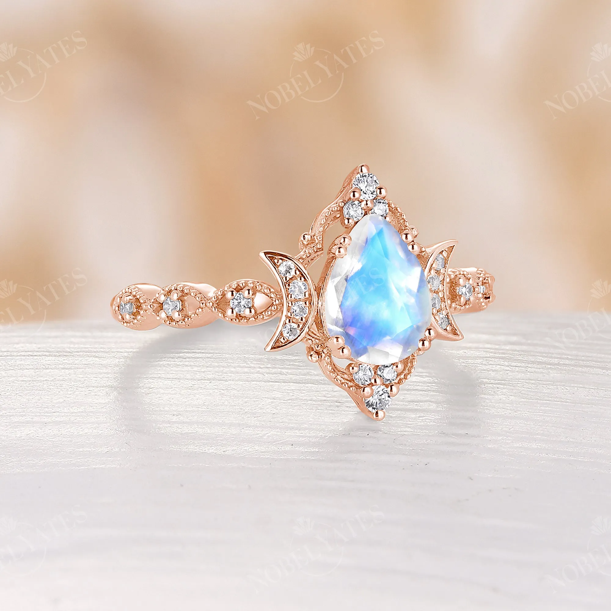 Pear Moonstone Rose Gold Celestial Moon Engagement Ring Milgrain