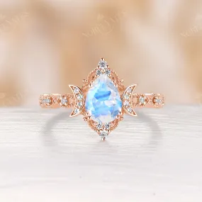 Pear Moonstone Rose Gold Celestial Moon Engagement Ring Milgrain