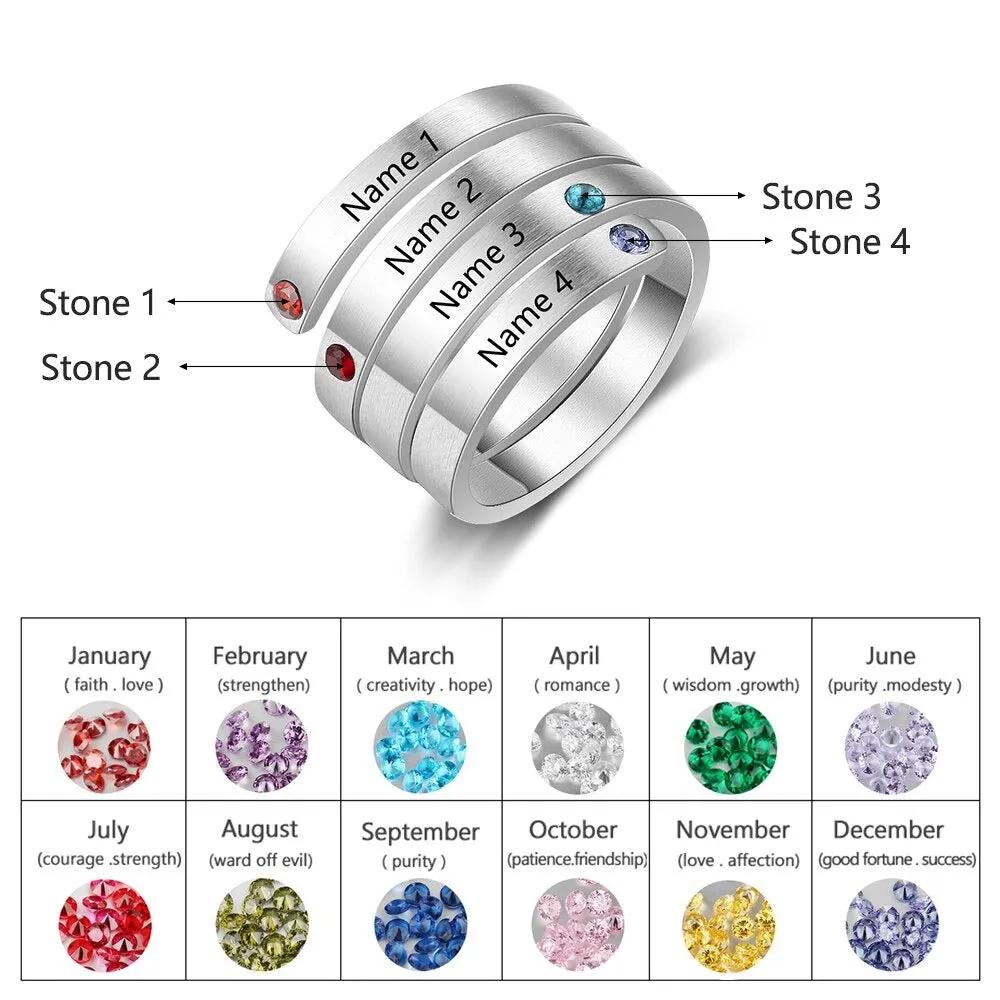 Personalized 4 Names And Birthstones Wrap Ring For Women