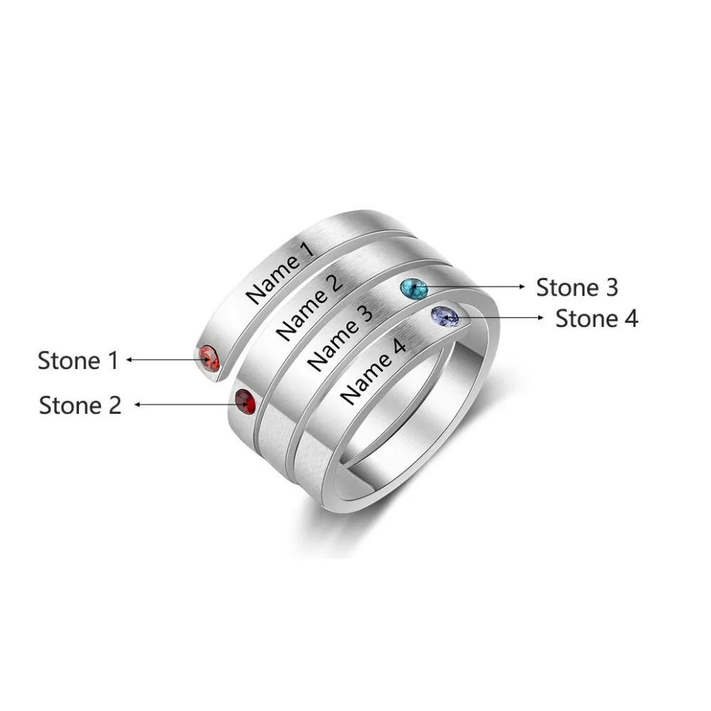 Personalized 4 Names And Birthstones Wrap Ring For Women