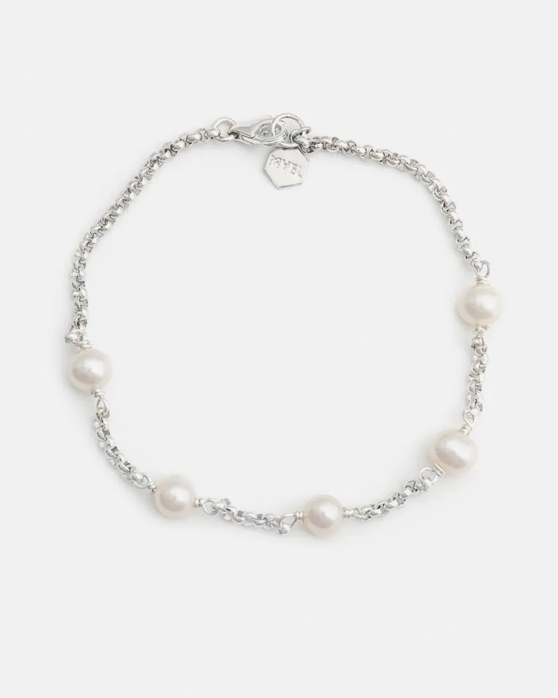 Pom-pom Bracelet in Sterling Silver with White Pearls