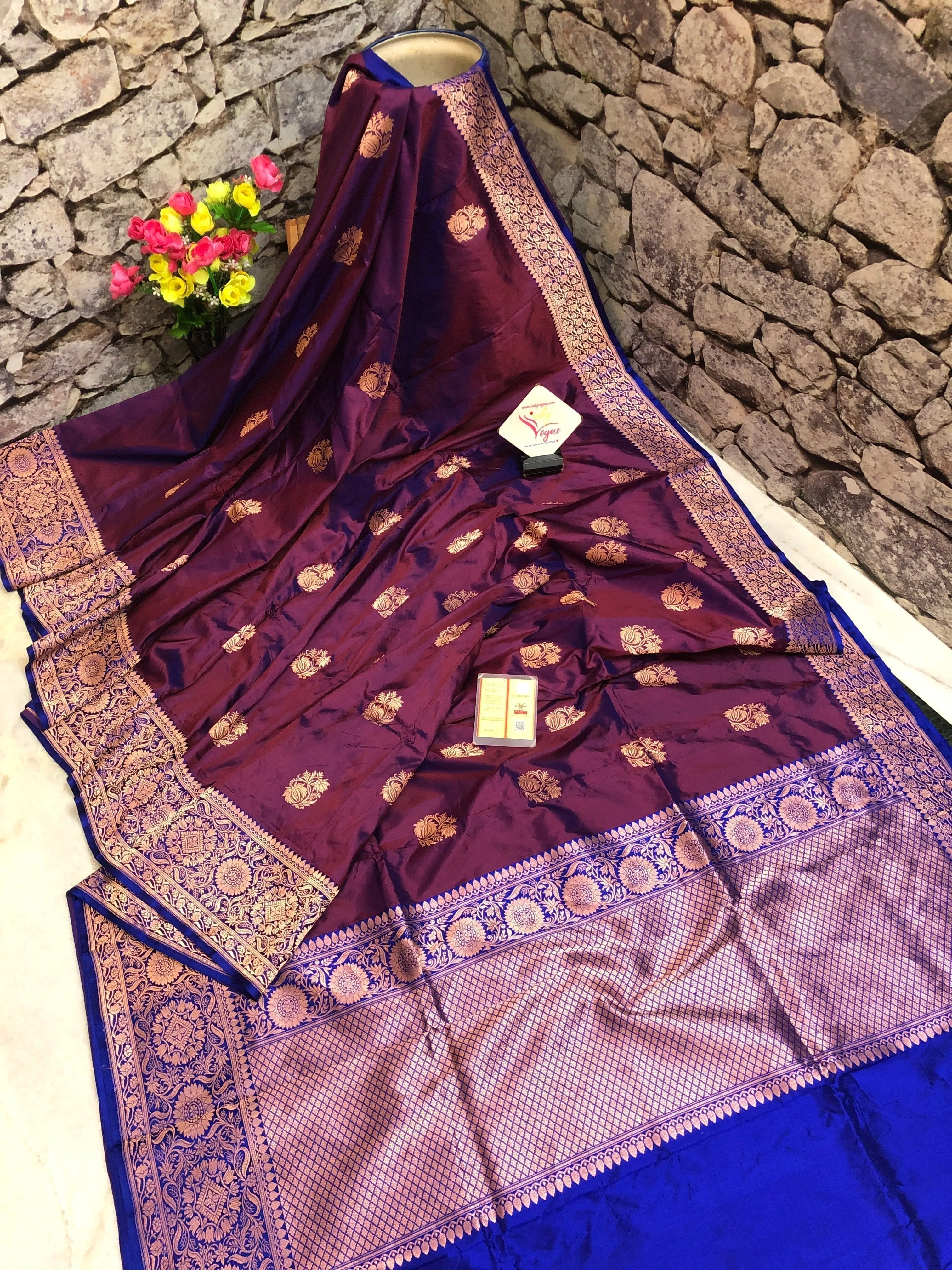 Pure Dark Wine Color Katan Banarasi Saree