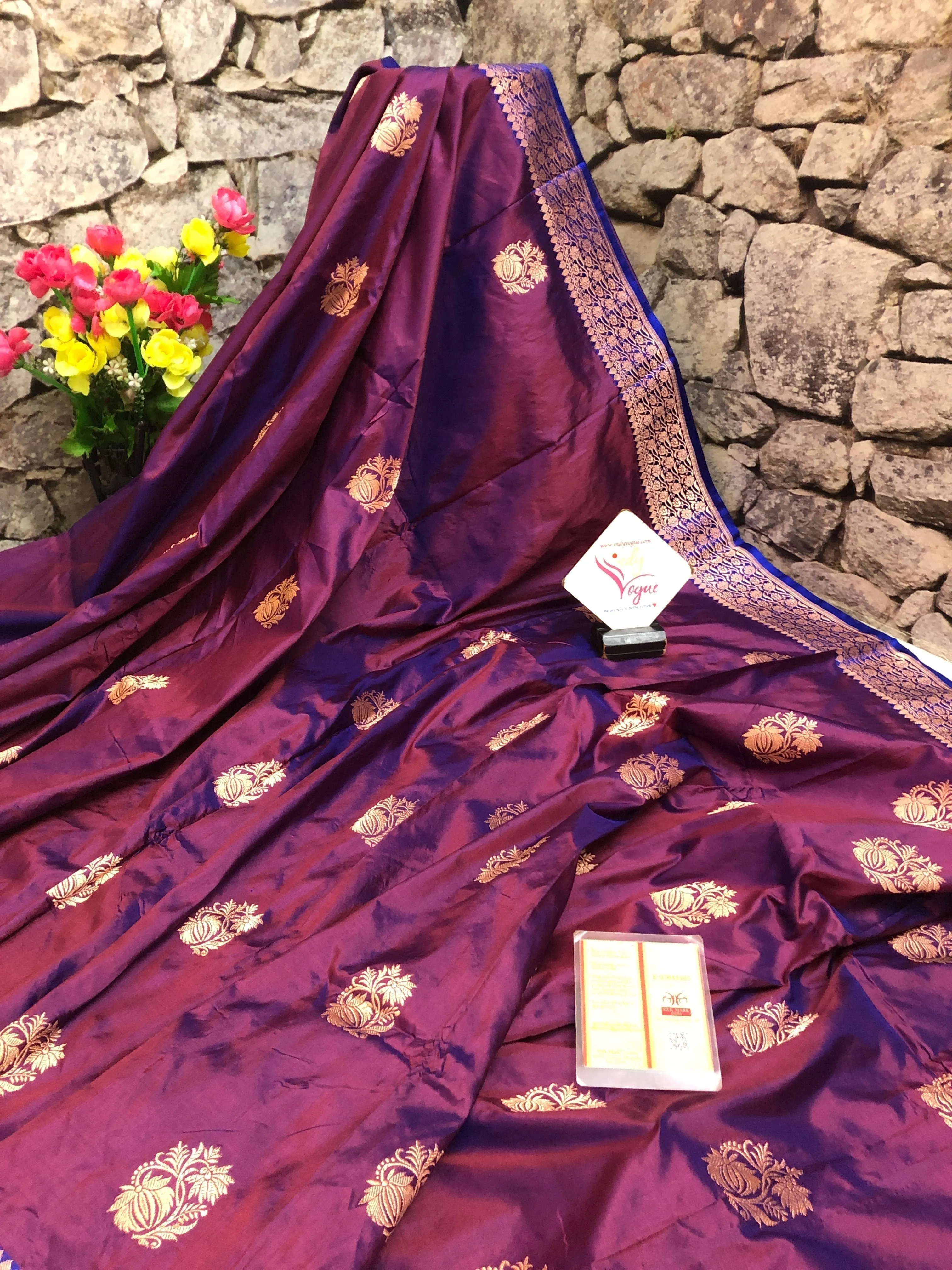 Pure Dark Wine Color Katan Banarasi Saree