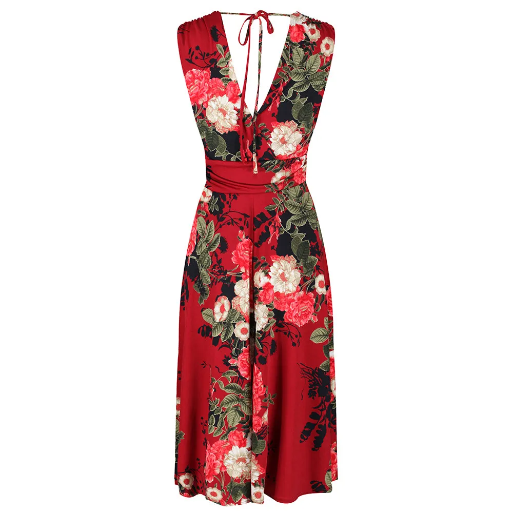 Red Floral Print V Neck Crossover Wrap Top Empire Waist Swing Dress