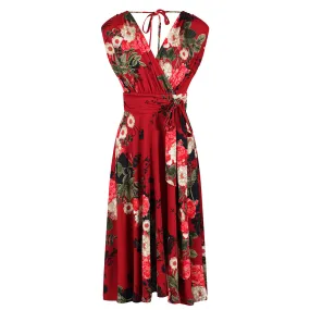 Red Floral Print V Neck Crossover Wrap Top Empire Waist Swing Dress