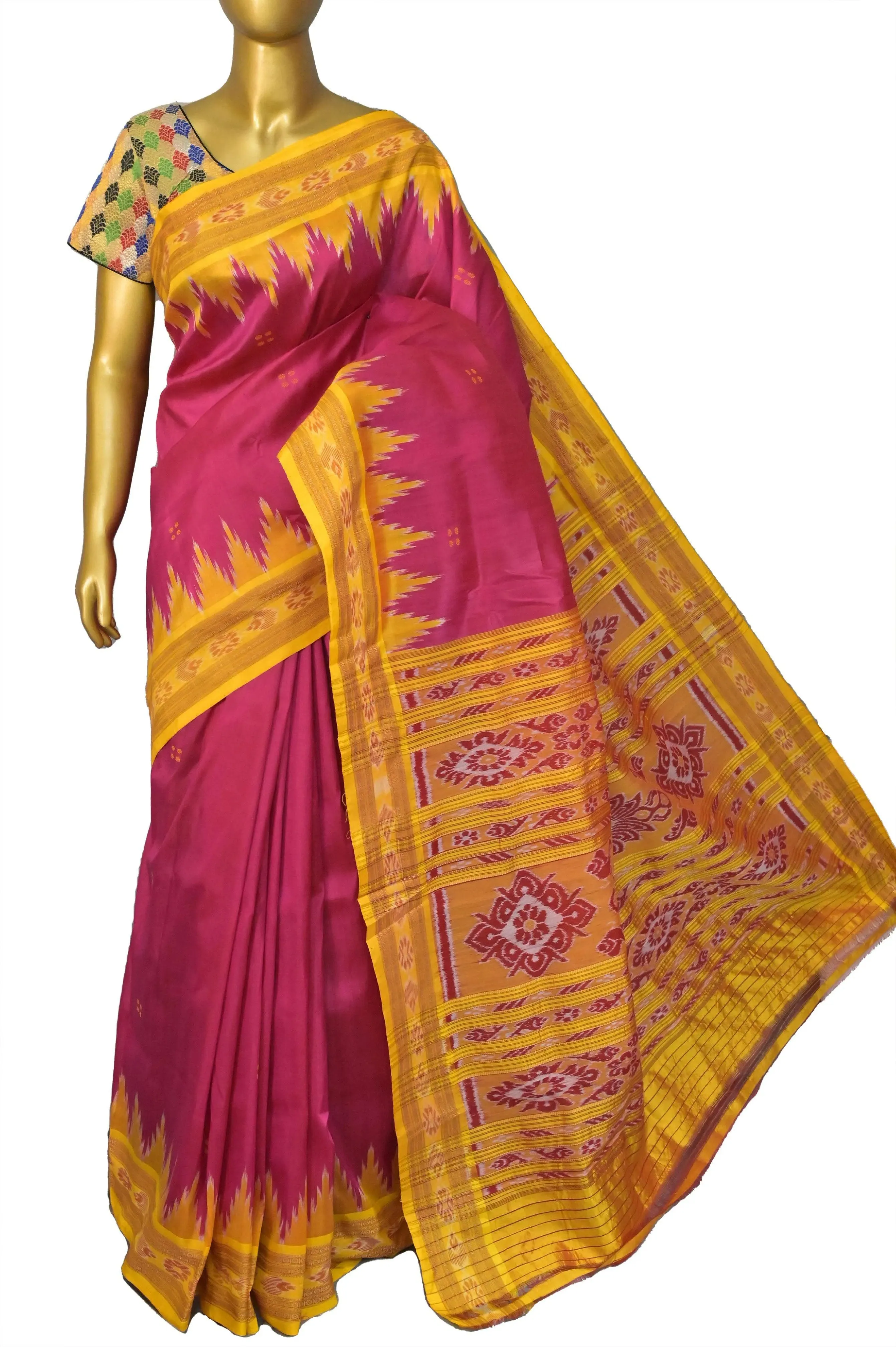 Red Magenta and Yellow Color Sambalpuri Silk Saree with Temple Border