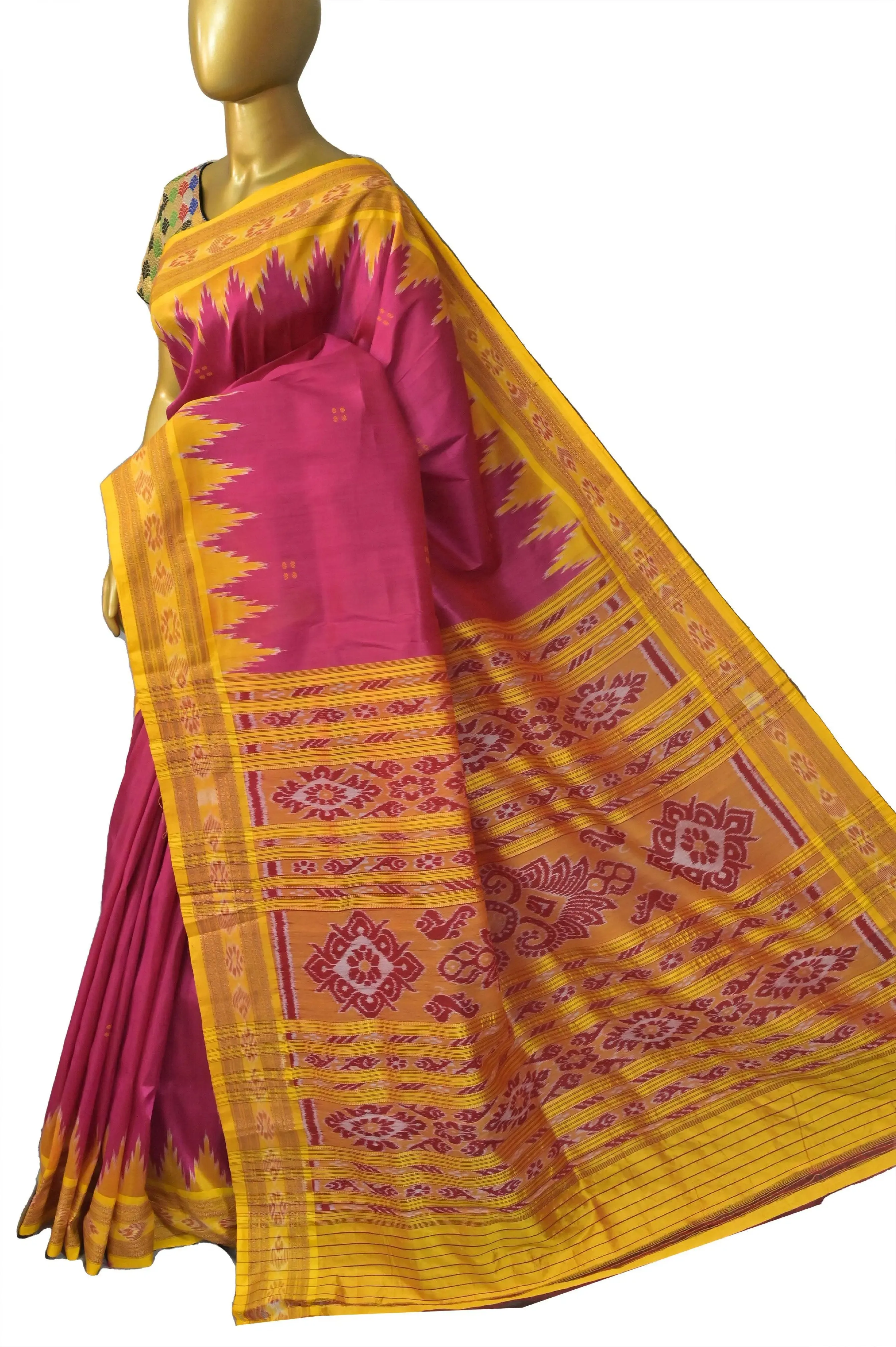 Red Magenta and Yellow Color Sambalpuri Silk Saree with Temple Border