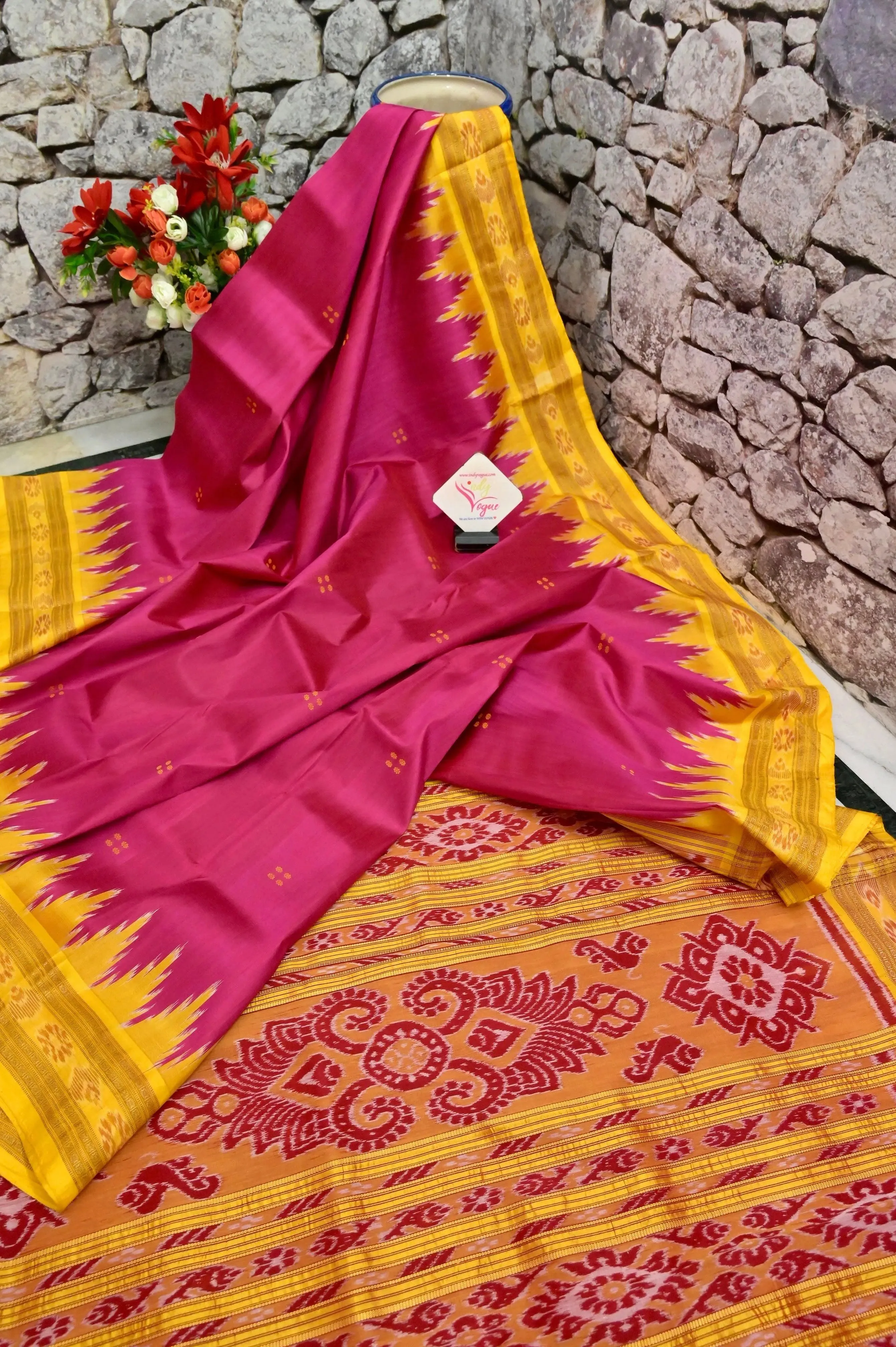 Red Magenta and Yellow Color Sambalpuri Silk Saree with Temple Border