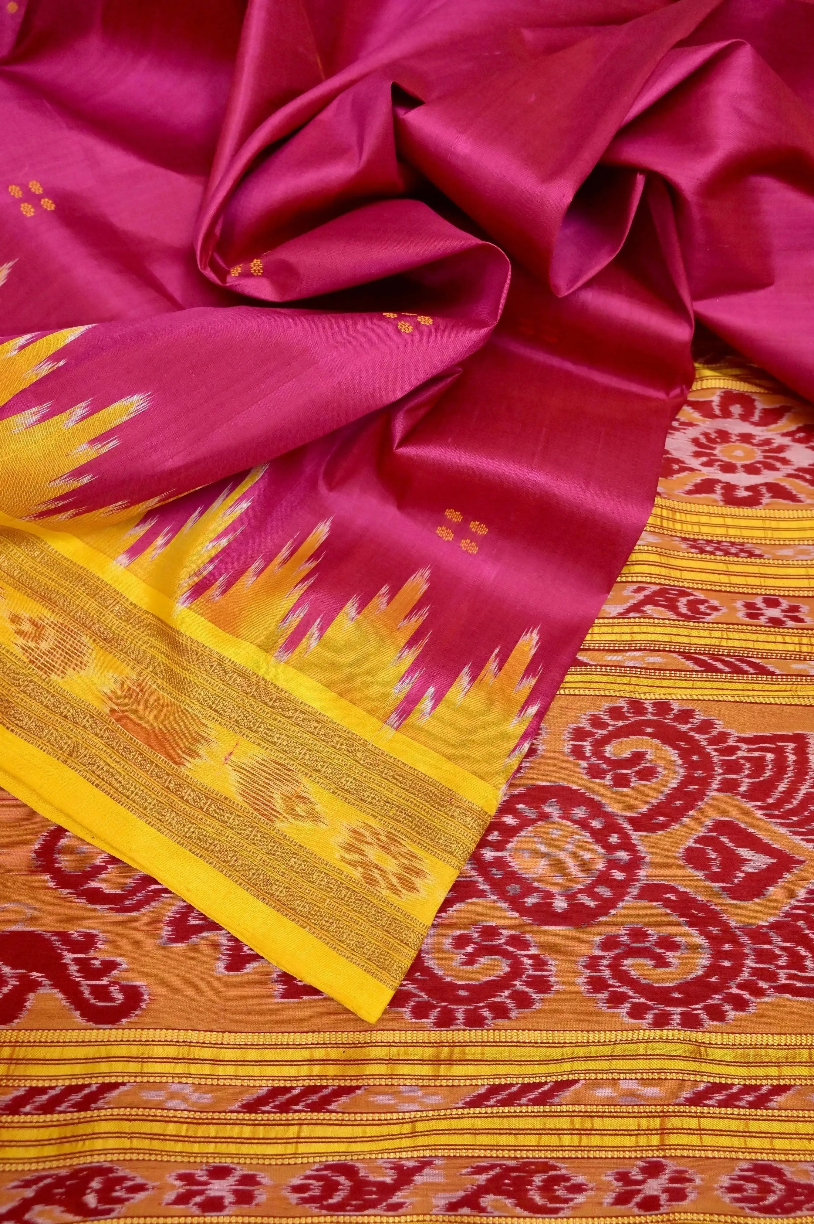 Red Magenta and Yellow Color Sambalpuri Silk Saree with Temple Border