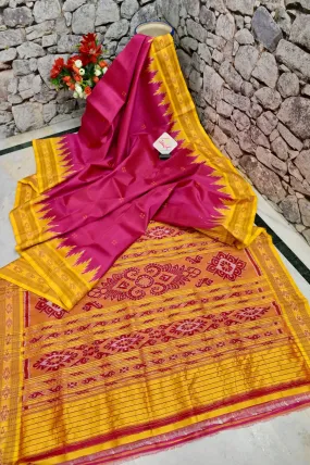 Red Magenta and Yellow Color Sambalpuri Silk Saree with Temple Border