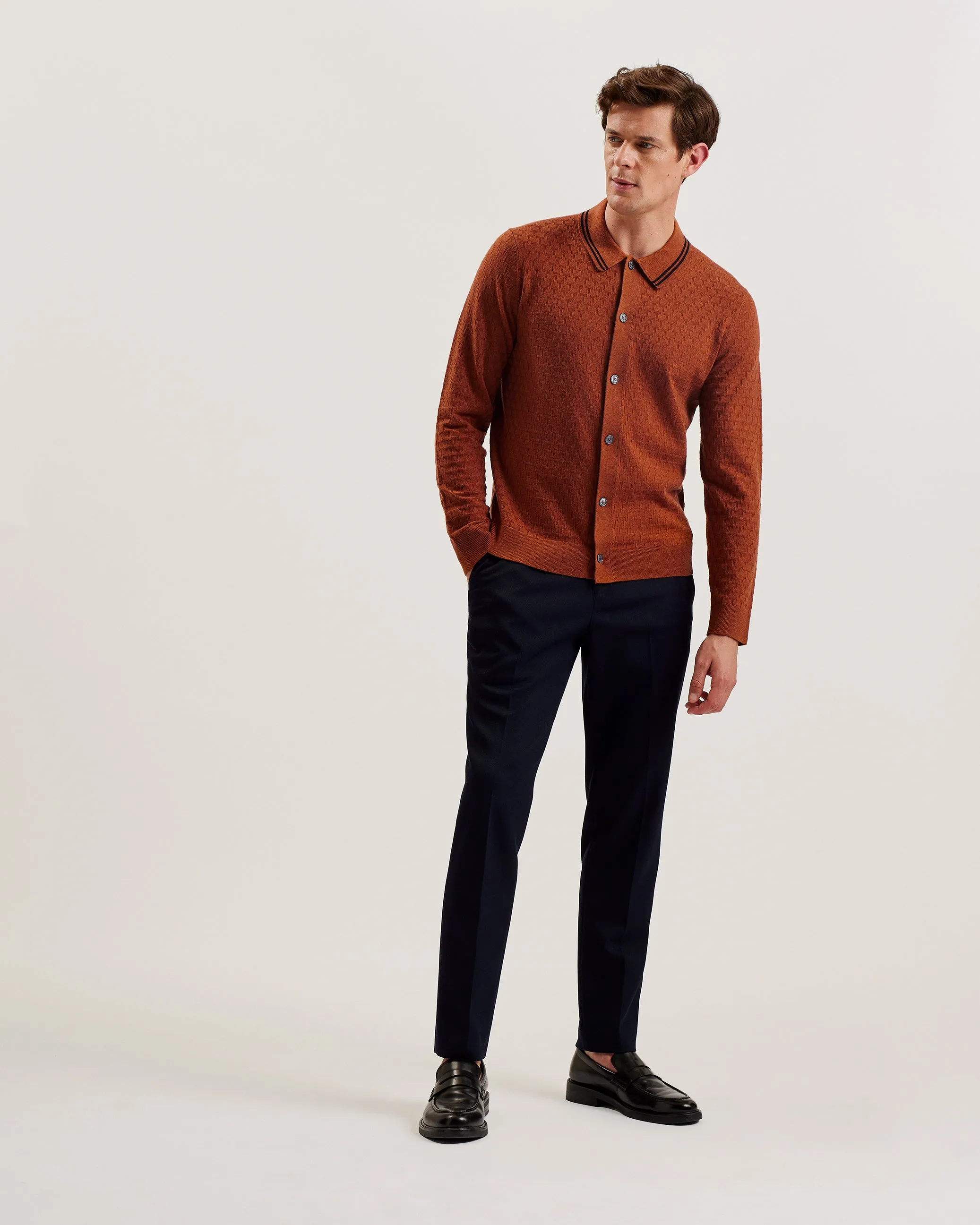 Roden Ls Button Through T Stitch Shirt Brown