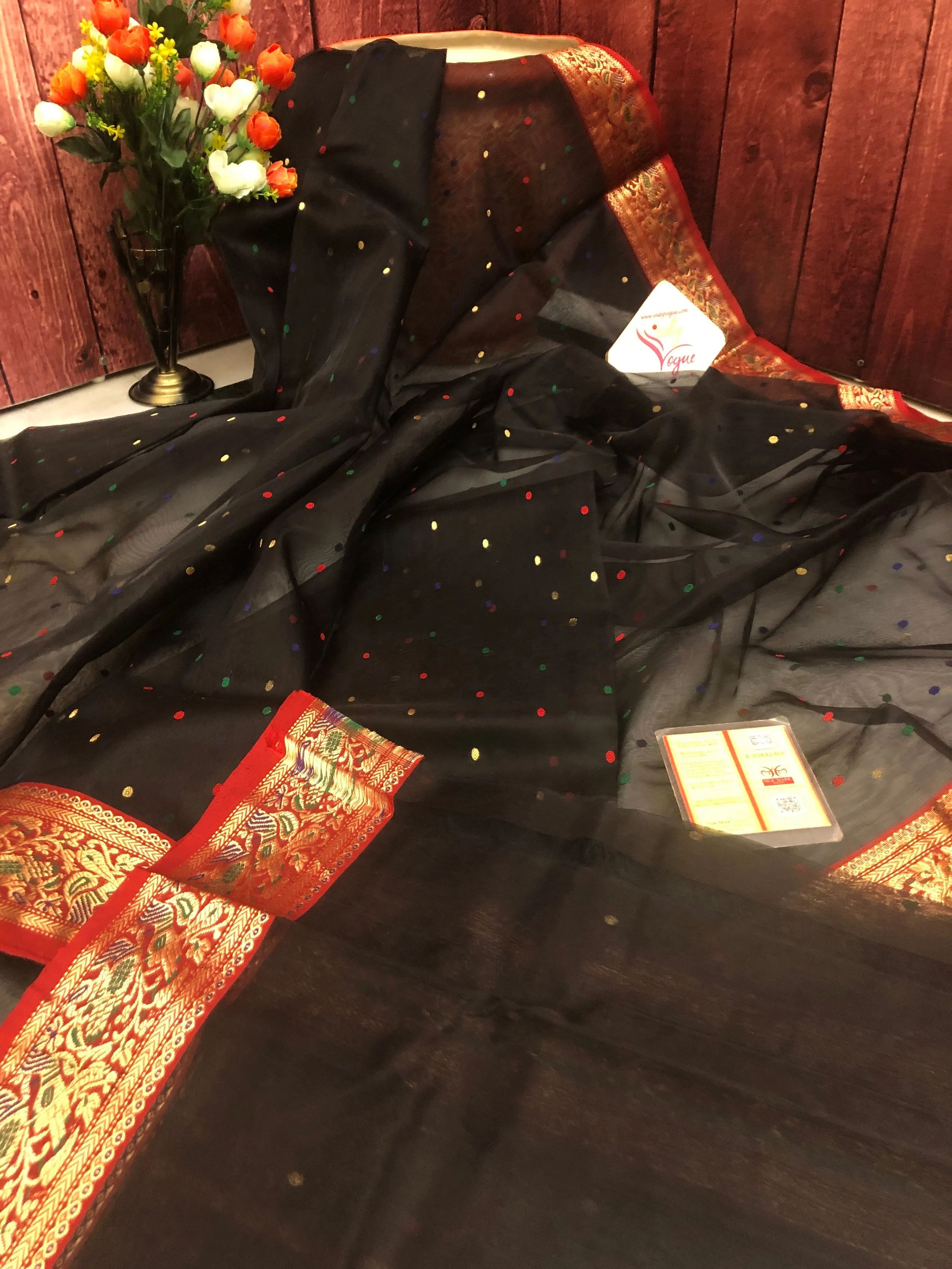 Royal Black Color Chanderi Banarasi Saree with All Over Butti