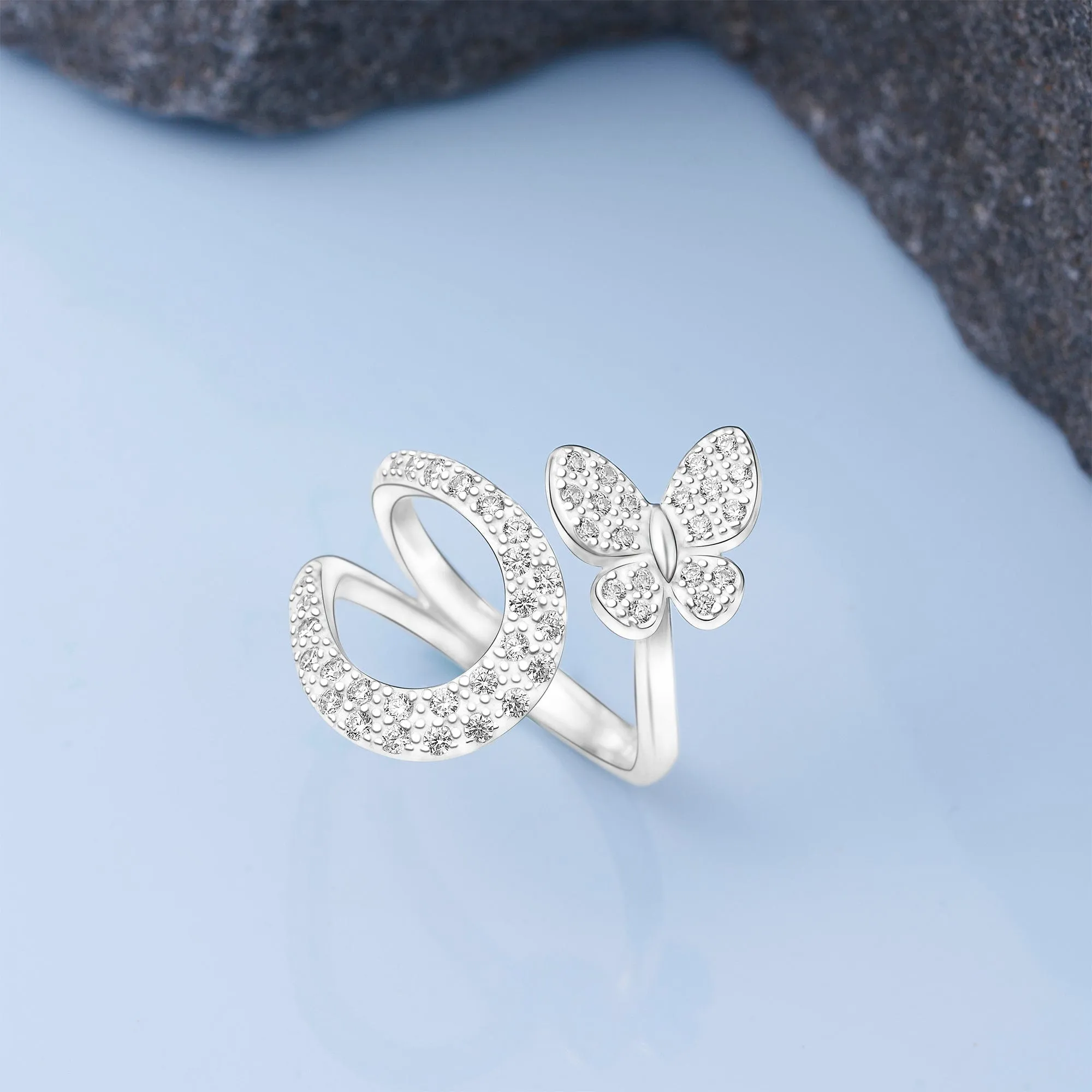 Silver Butterfly Ring Bypass Ring Band Adjustable