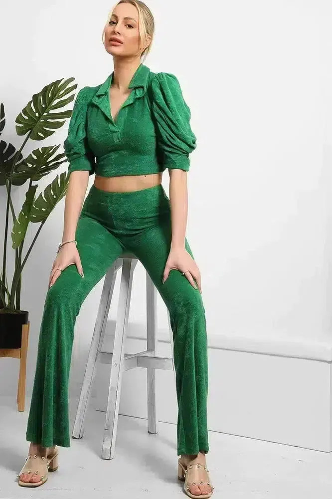 Soft Teddy Crop Top And Wide Kick Flare Trousers Set