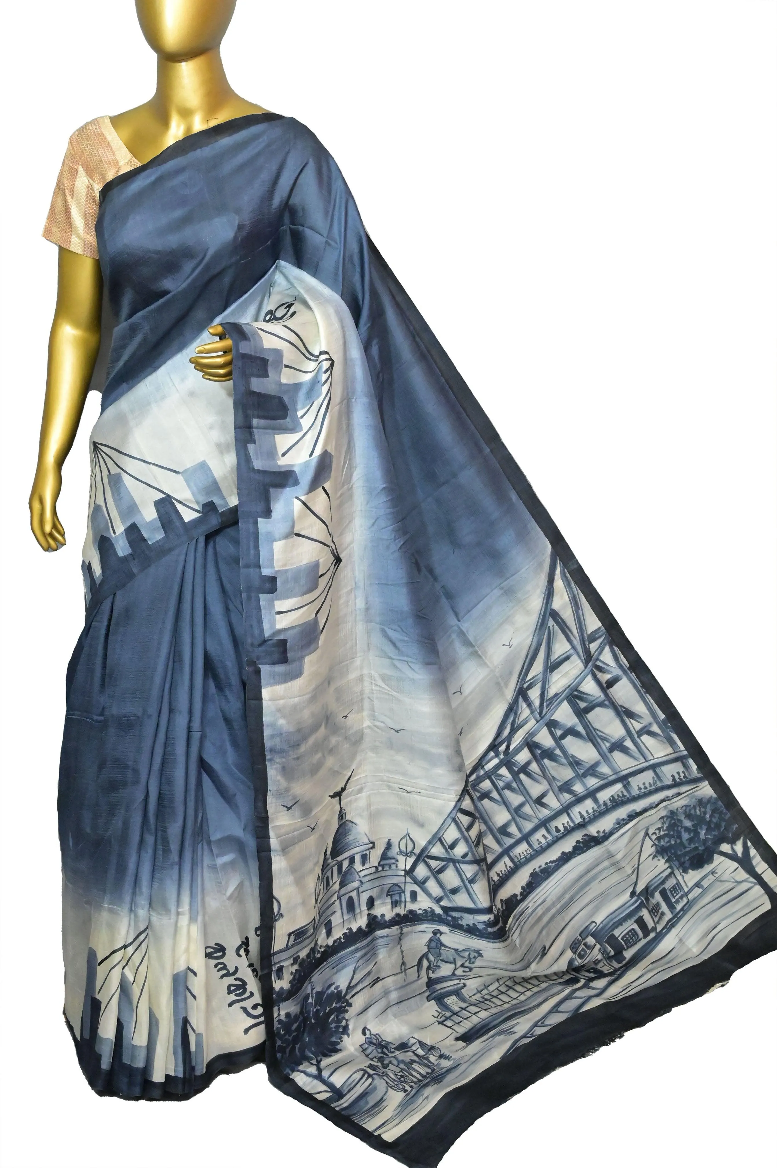 Space Blue Color Bishnupur Silk Saree with Kolkata Theme Hand Painting