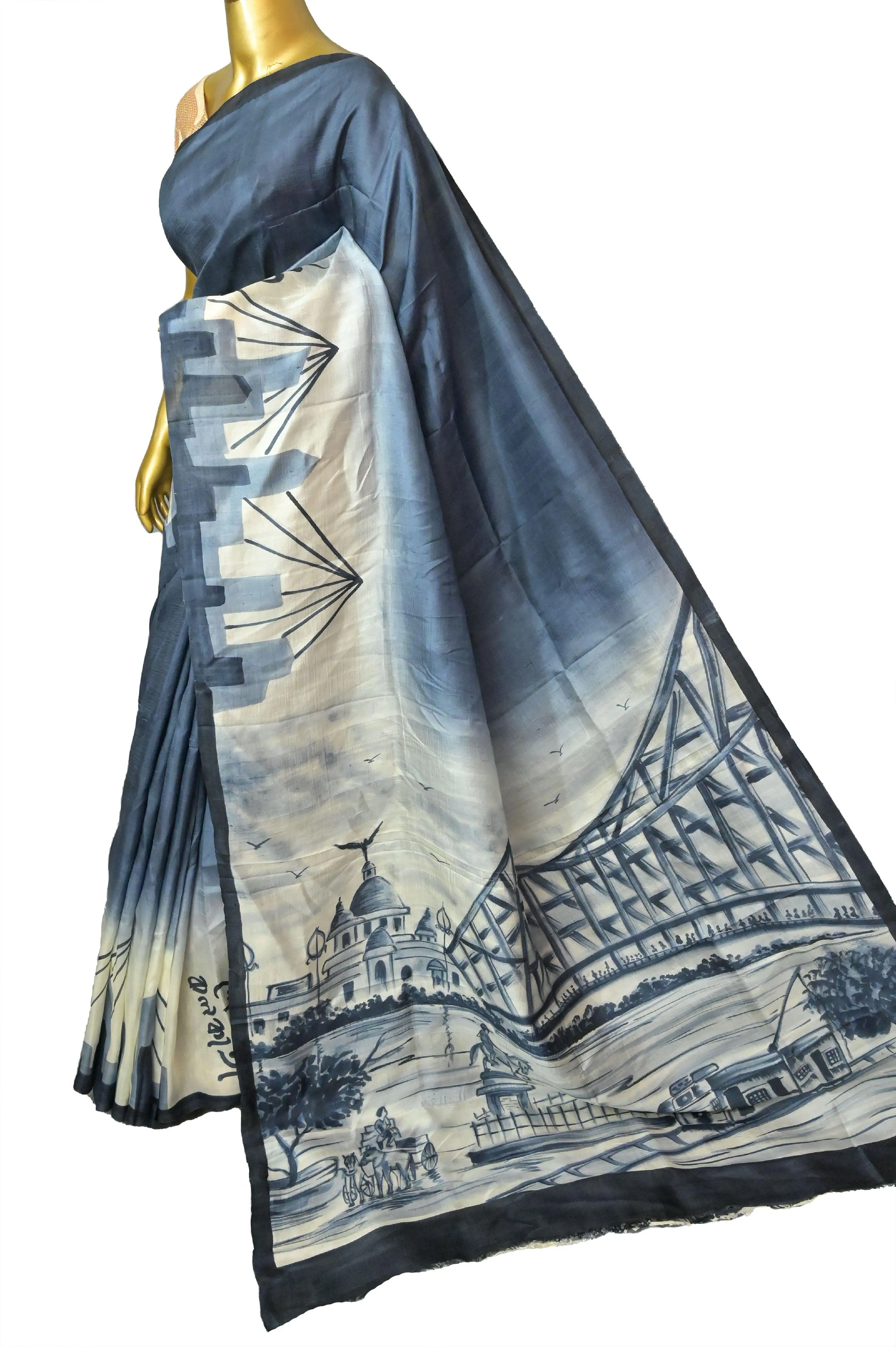 Space Blue Color Bishnupur Silk Saree with Kolkata Theme Hand Painting