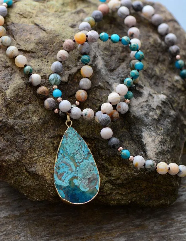 Stunning Huge Turquoise Ocean Jasper Teardrop Pendant Mix Natural Stones Necklace