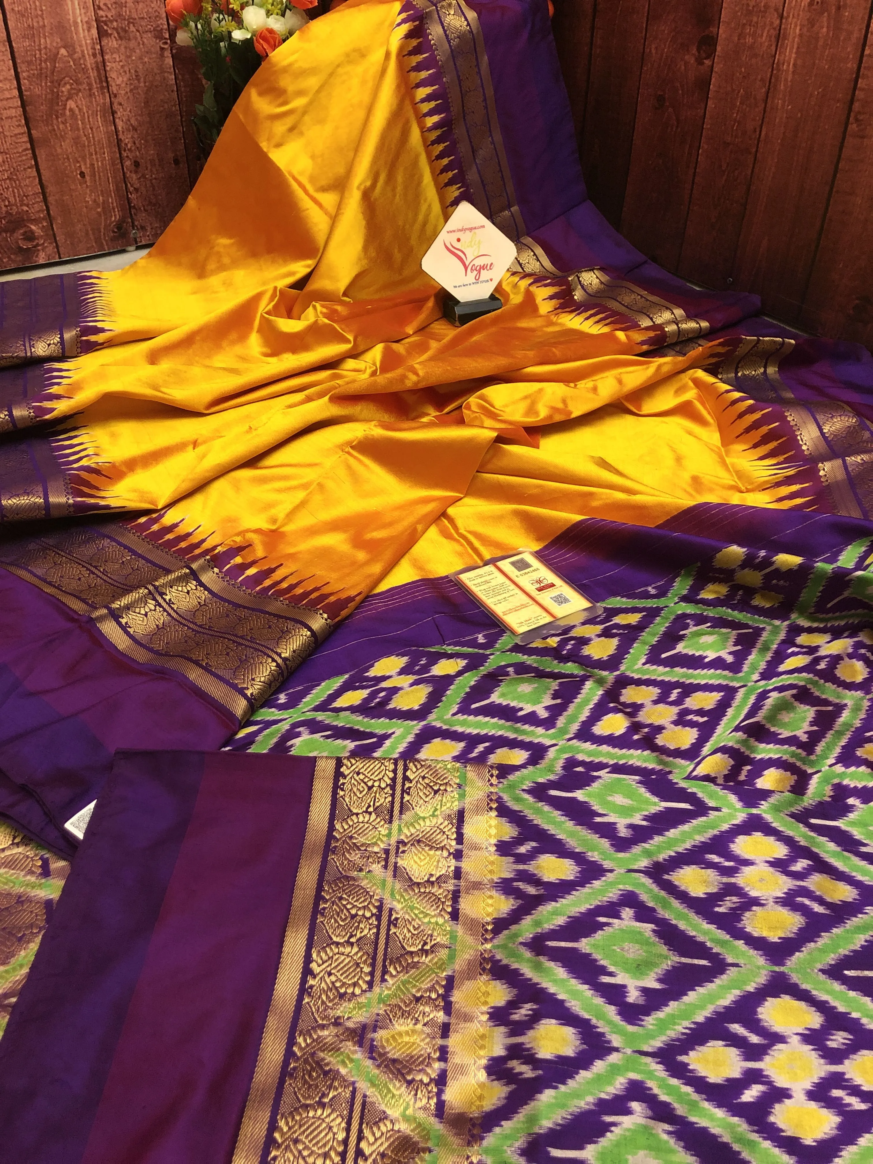 Sun Golden Yellow and Deep Violet Color Pure Ikat Silk Saree with Kanchi Border