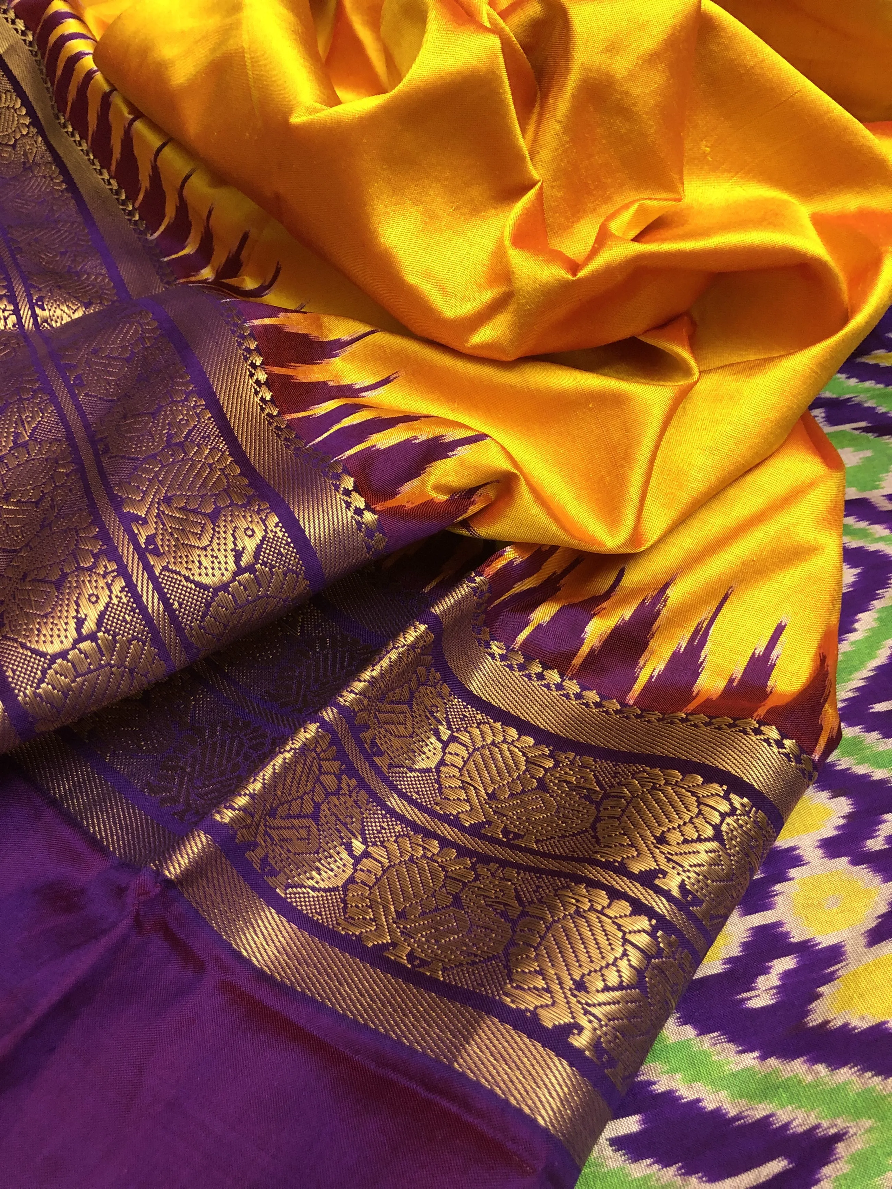 Sun Golden Yellow and Deep Violet Color Pure Ikat Silk Saree with Kanchi Border