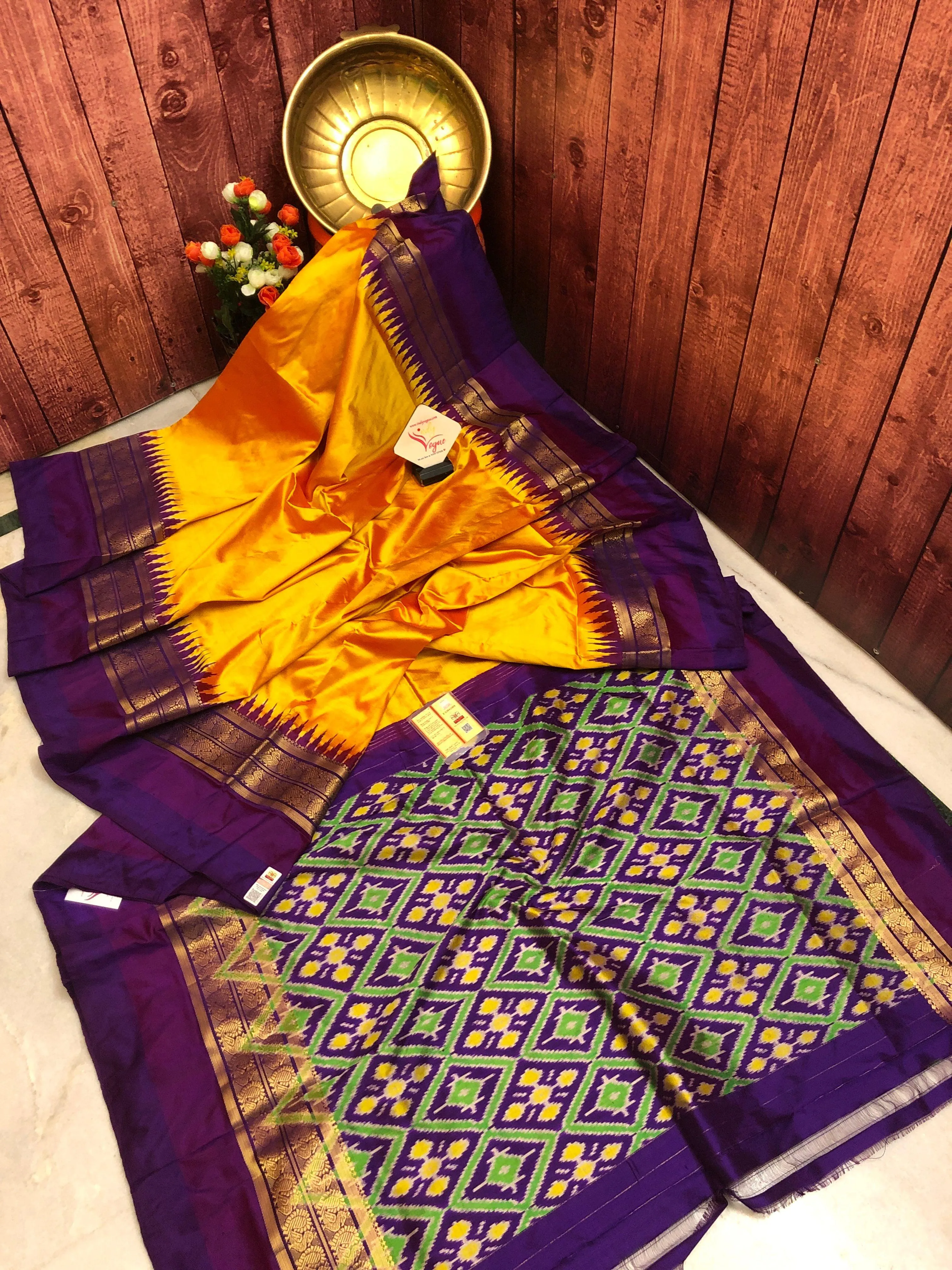 Sun Golden Yellow and Deep Violet Color Pure Ikat Silk Saree with Kanchi Border