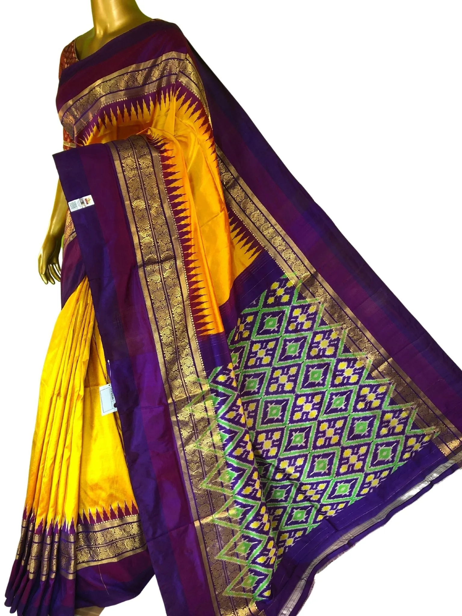 Sun Golden Yellow and Deep Violet Color Pure Ikat Silk Saree with Kanchi Border