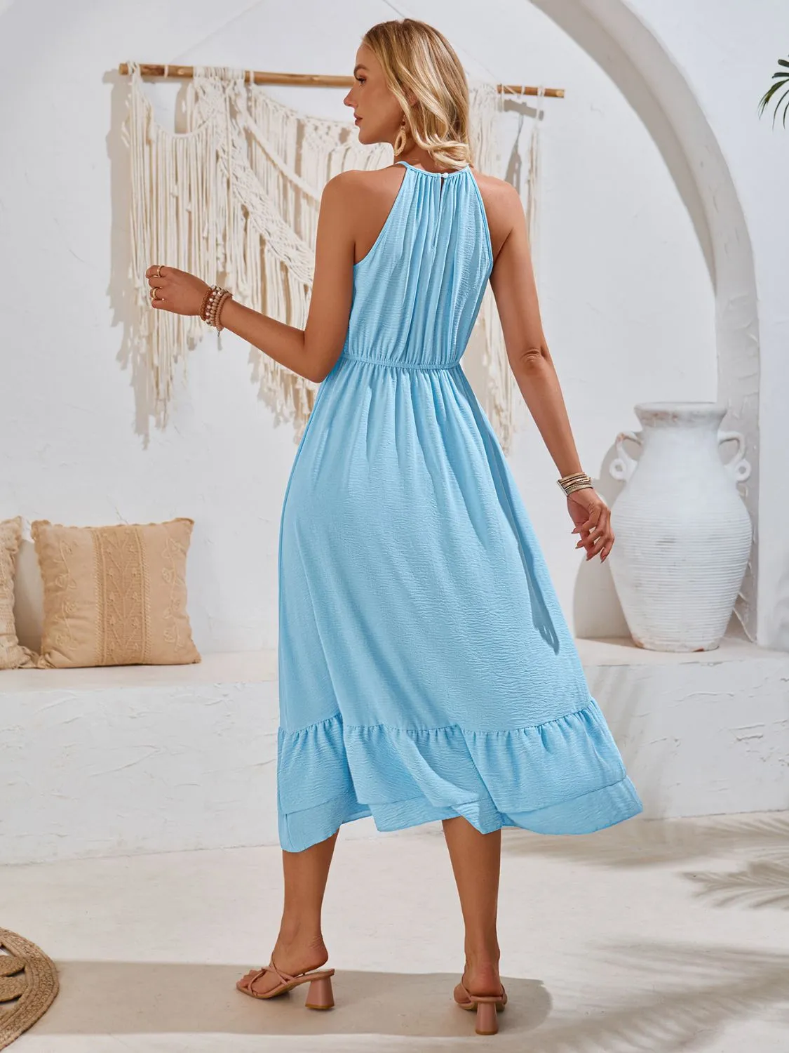 Sunset Vacation Ruffled Round Neck Sleeveless Dress