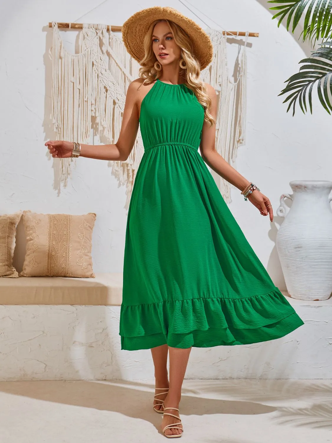 Sunset Vacation Ruffled Round Neck Sleeveless Dress