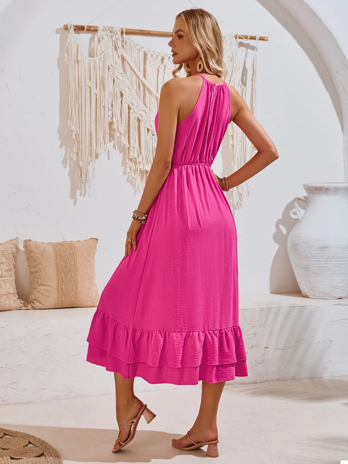 Sunset Vacation Ruffled Round Neck Sleeveless Dress