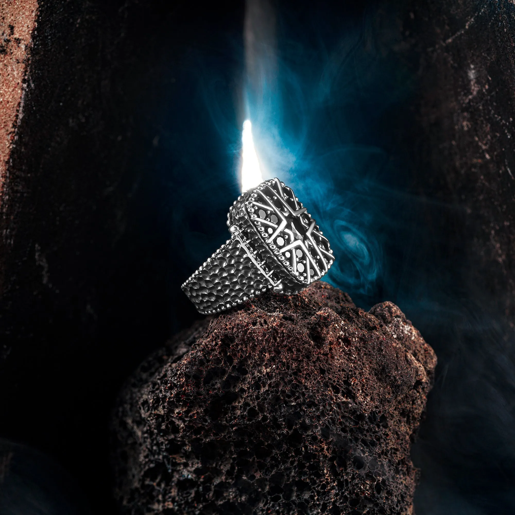 THE BARRED OWL - Premium Quality Hand Crafted Silver Man Ring Rectangle Shape Black Zircon Stones