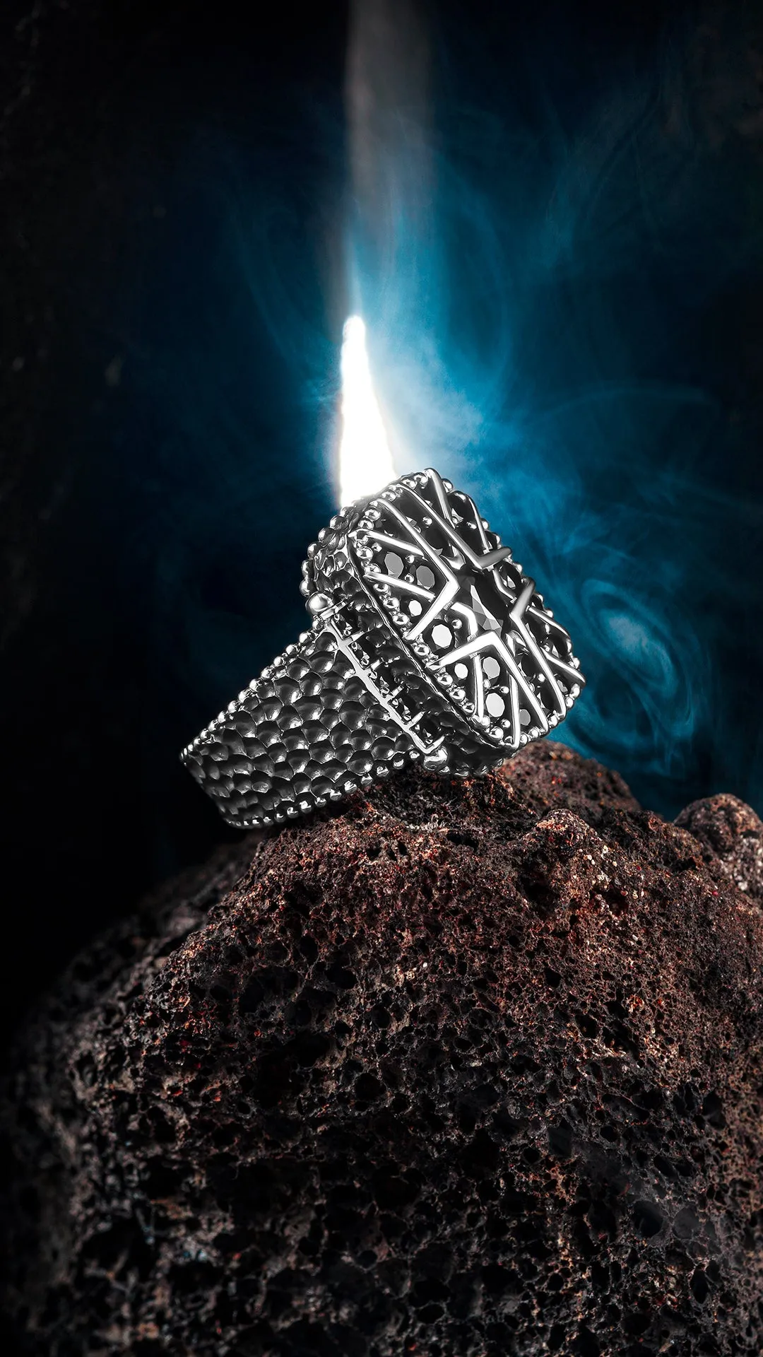 THE BARRED OWL - Premium Quality Hand Crafted Silver Man Ring Rectangle Shape Black Zircon Stones