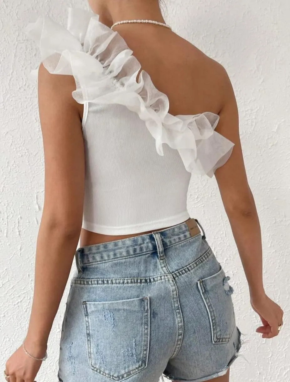 Top Donna Cropped Costina Monospalla Tulle Volant Monocolore Casual Aderente