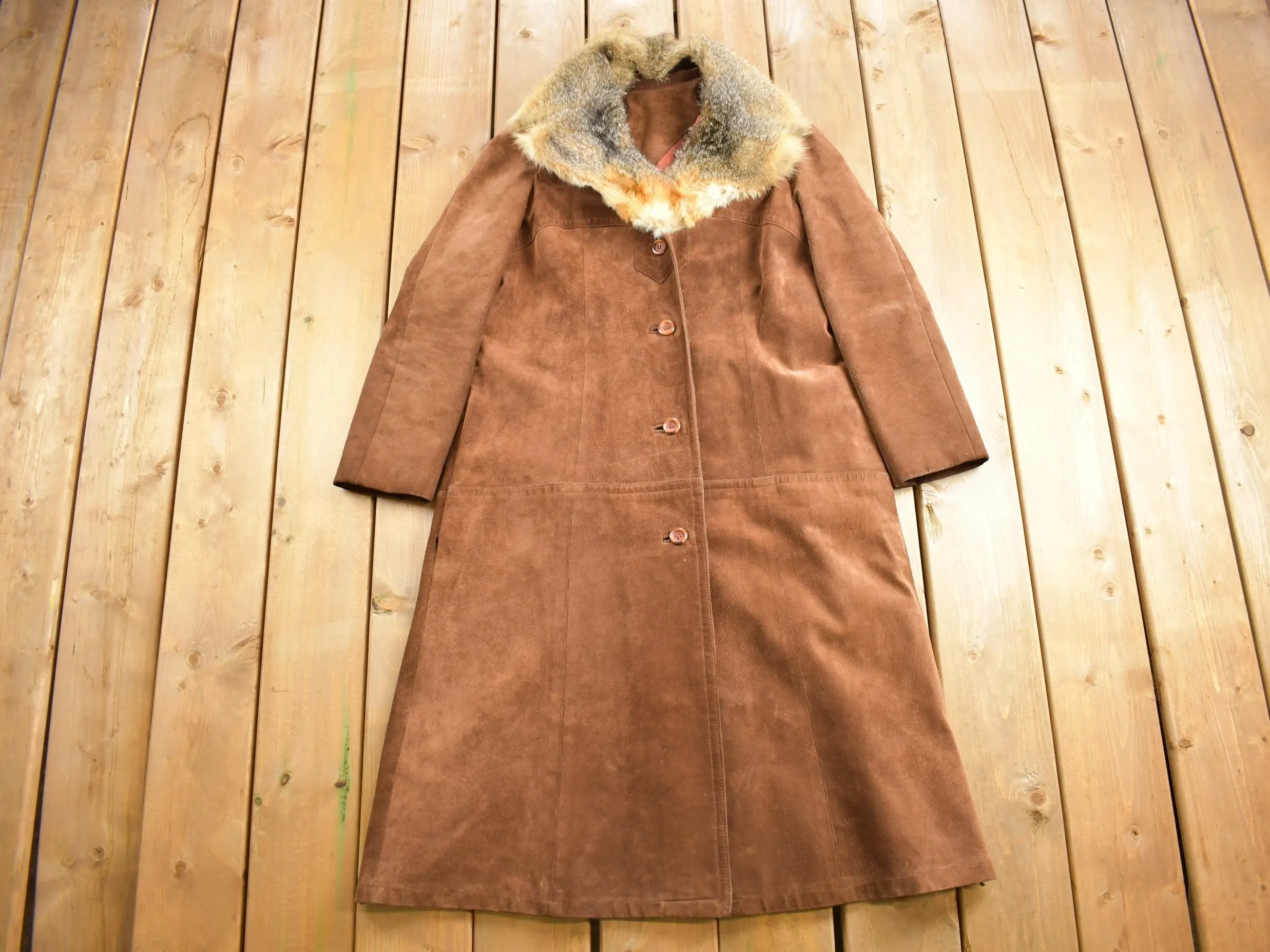 Vintage 1970s Fur Collar Suede Leather Jacket / Full Length Jacket / Made in Canada / True Vintage