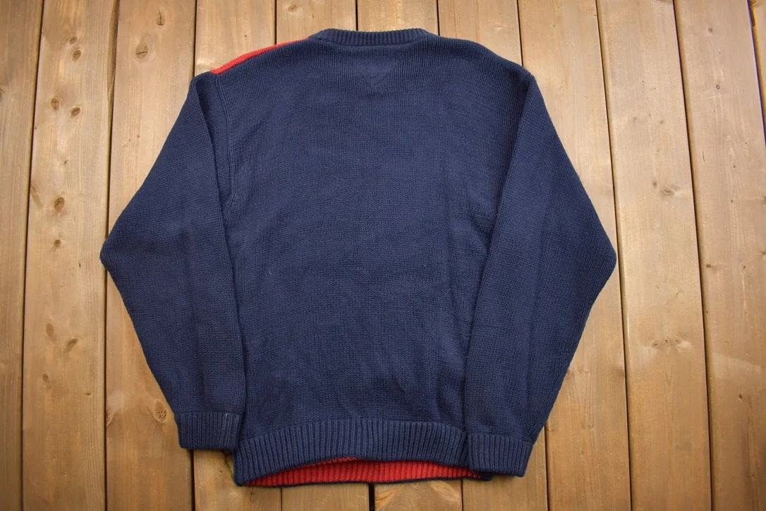 Vintage 1990s Tommy Hilfiger Embroidered Knitted Sweater / Vintage 90s Crewneck / Vintage Tommy / Navy Blue Knit / Flag