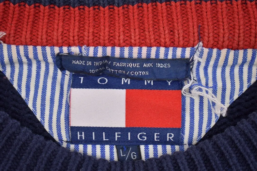 Vintage 1990s Tommy Hilfiger Embroidered Knitted Sweater / Vintage 90s Crewneck / Vintage Tommy / Navy Blue Knit / Flag