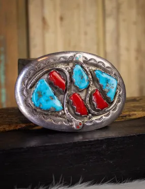 Vintage Effi C. Zuni Snake Turquoise, and Coral Sterling Silver Belt Buckle