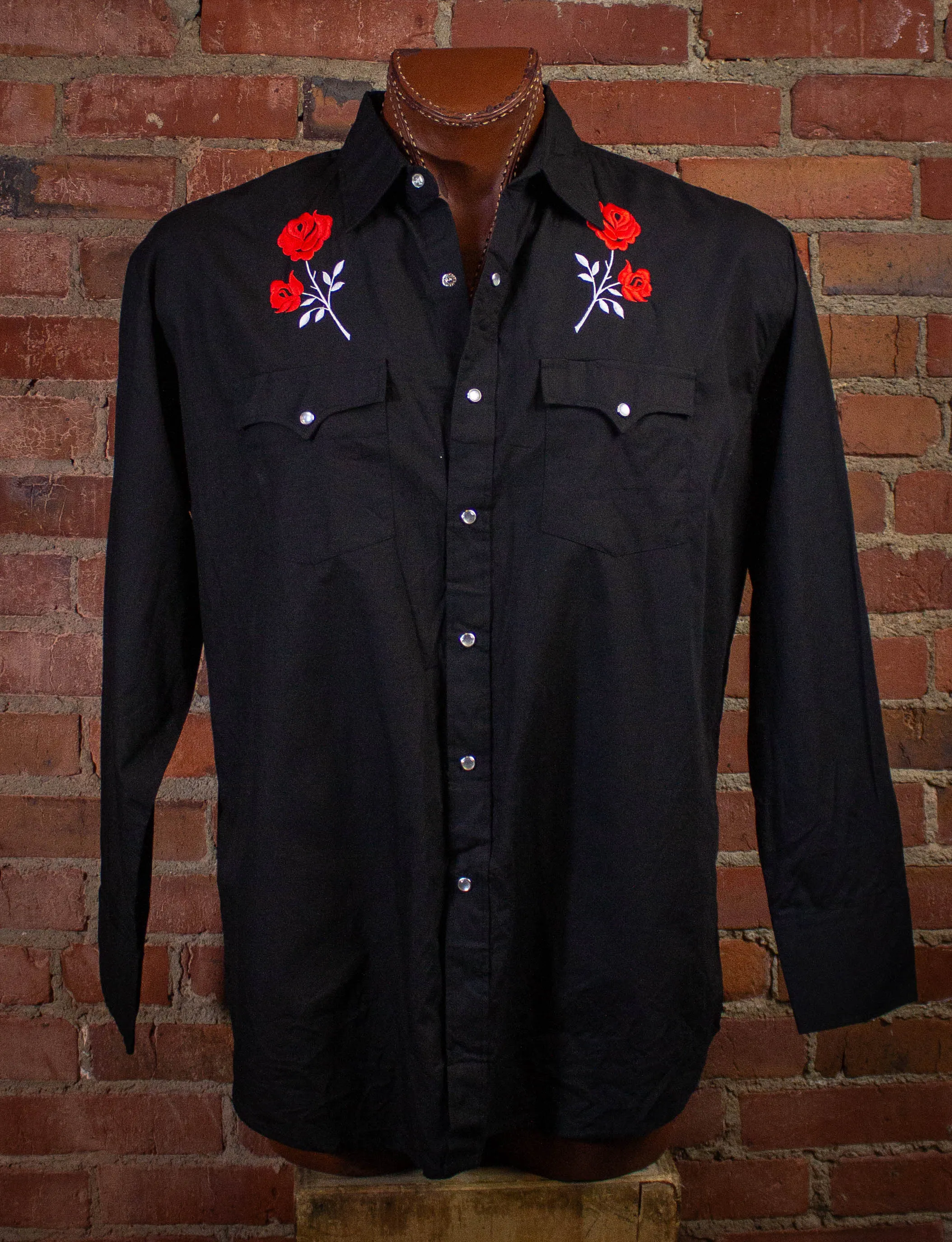 Vintage High Noon Rose Embroidery Pearl Snap Western Shirt Black XL