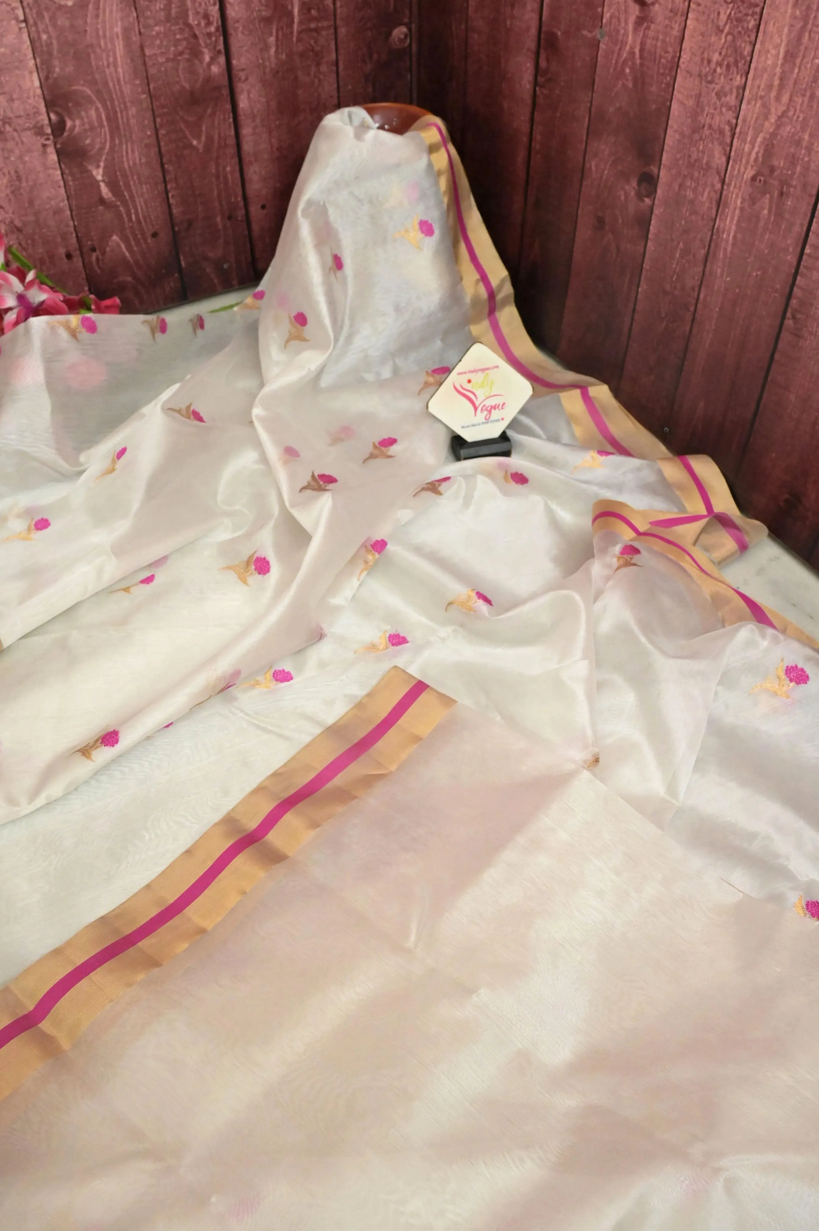 White Color Pure Chanderi Banarasi with Allover Floral Butta