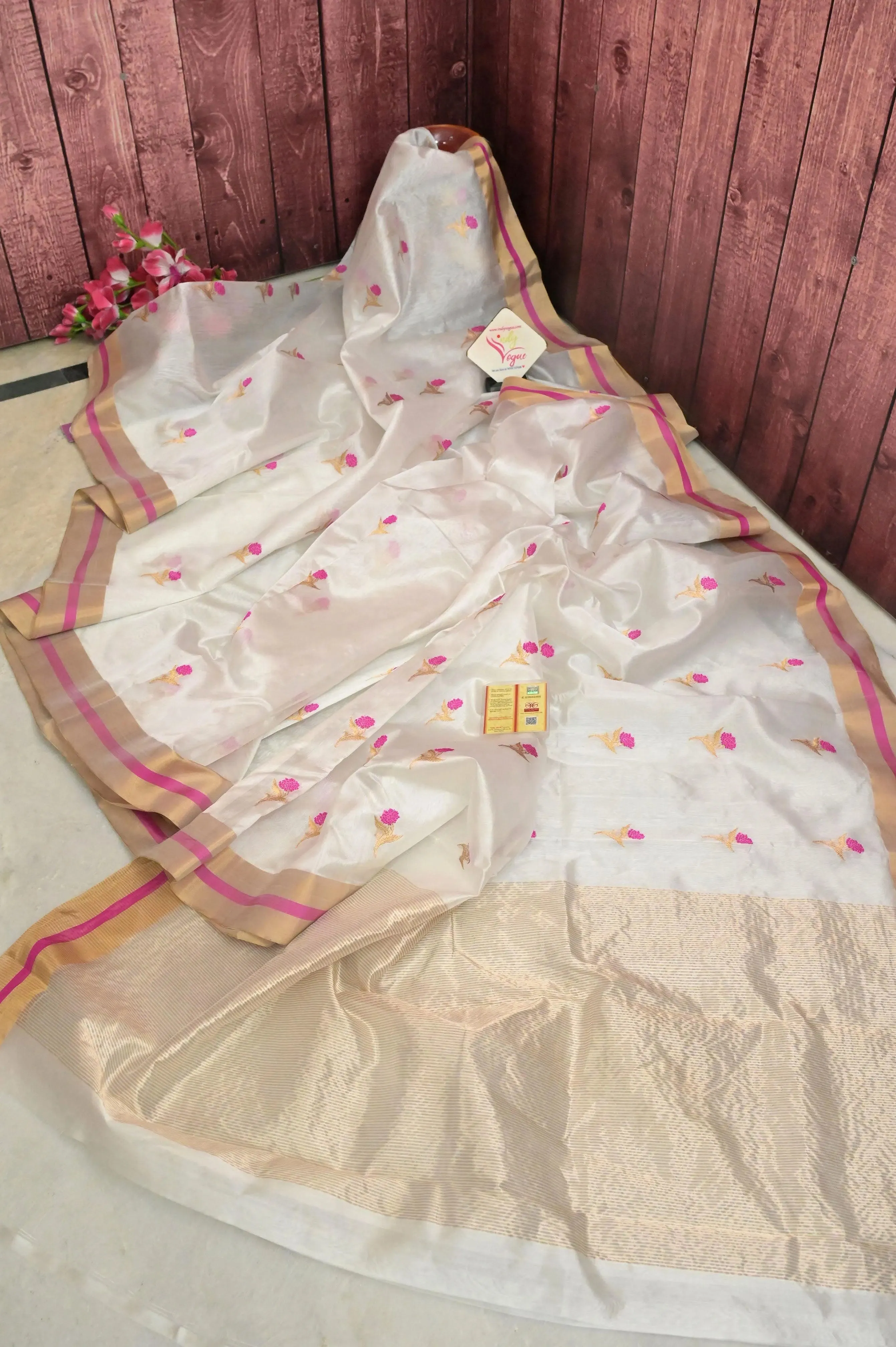 White Color Pure Chanderi Banarasi with Allover Floral Butta