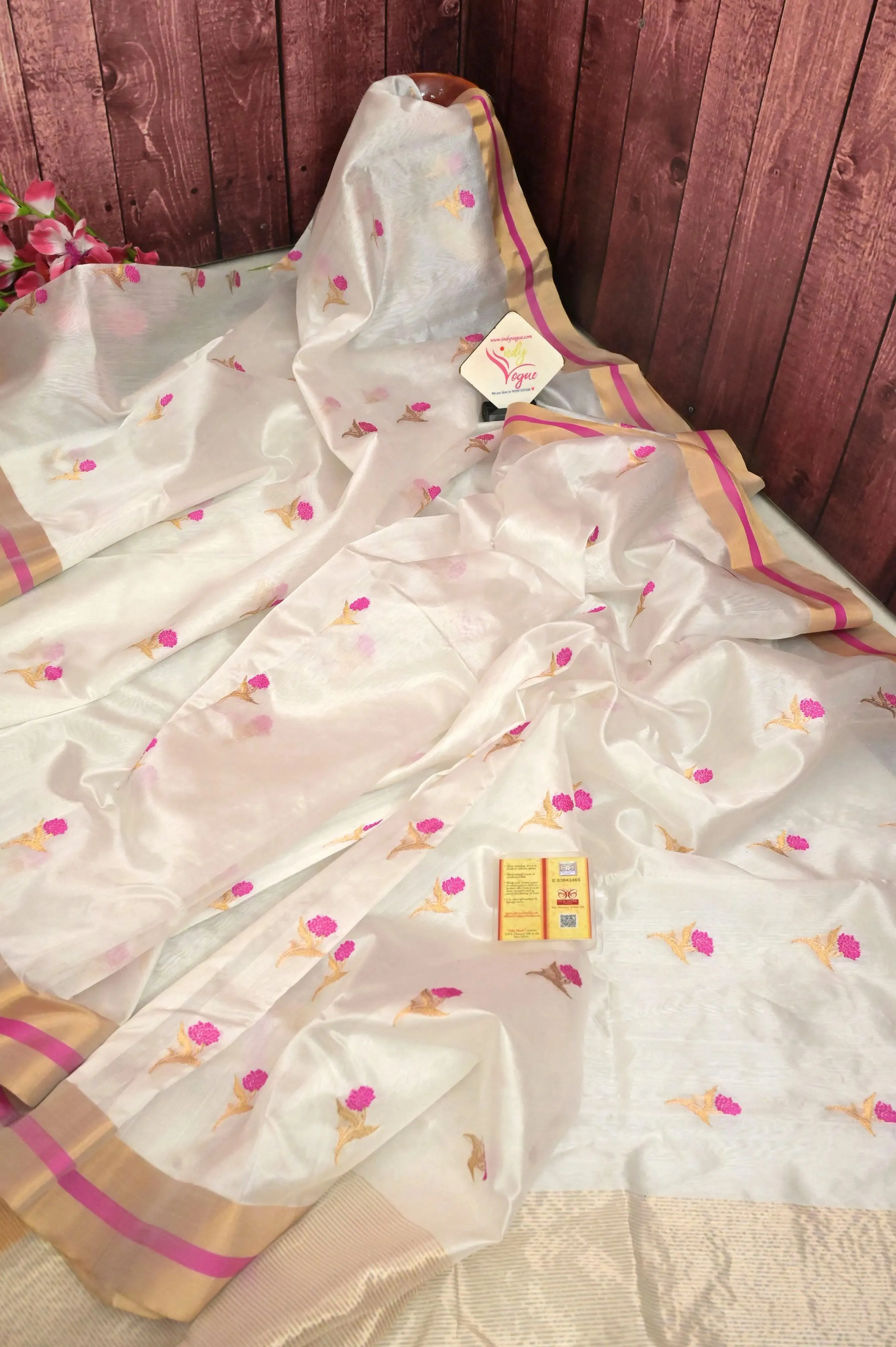 White Color Pure Chanderi Banarasi with Allover Floral Butta