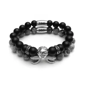 White Gold Lion with Black & Grey Stones Set