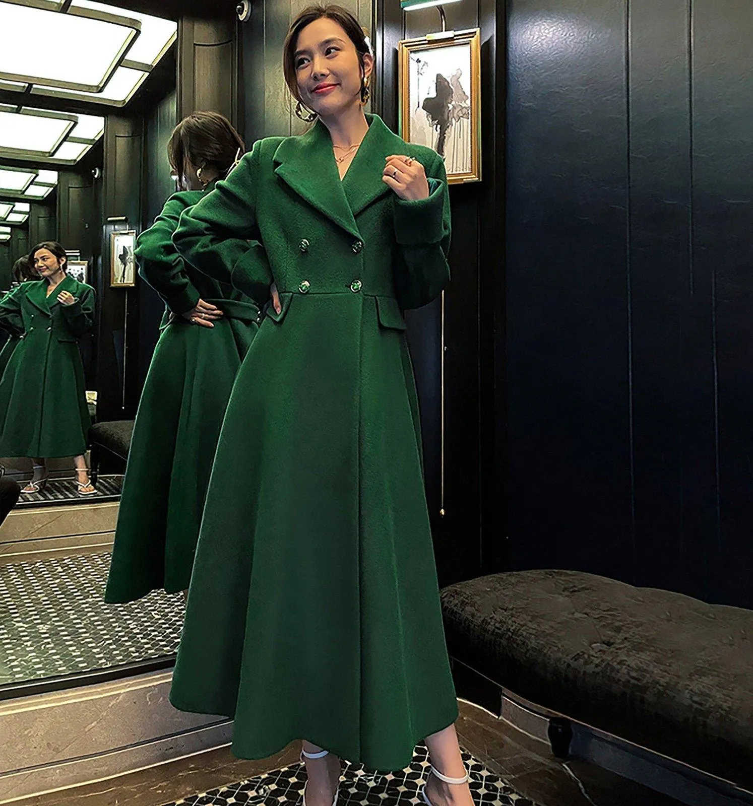 Women Green Wool Long Coat,Thicken Wool Overcoat,Double Breasted Coat,A line Wool Trench Reefer Coat,Warm Winter Coat,Green Long Wool Coat