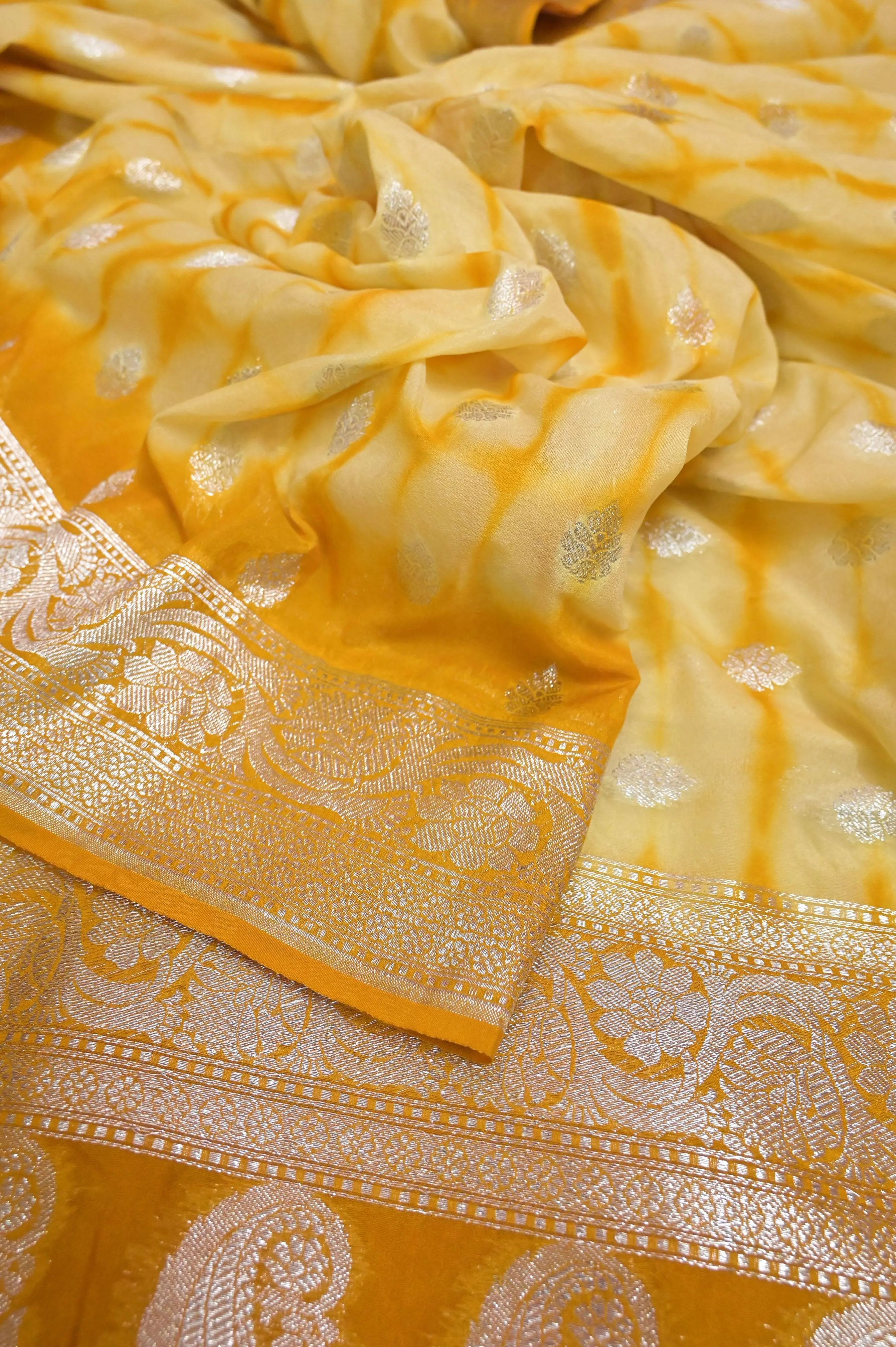 Yellow and Offwhite Color Georgette Saree with Shibori Dye Work and Silver Butta