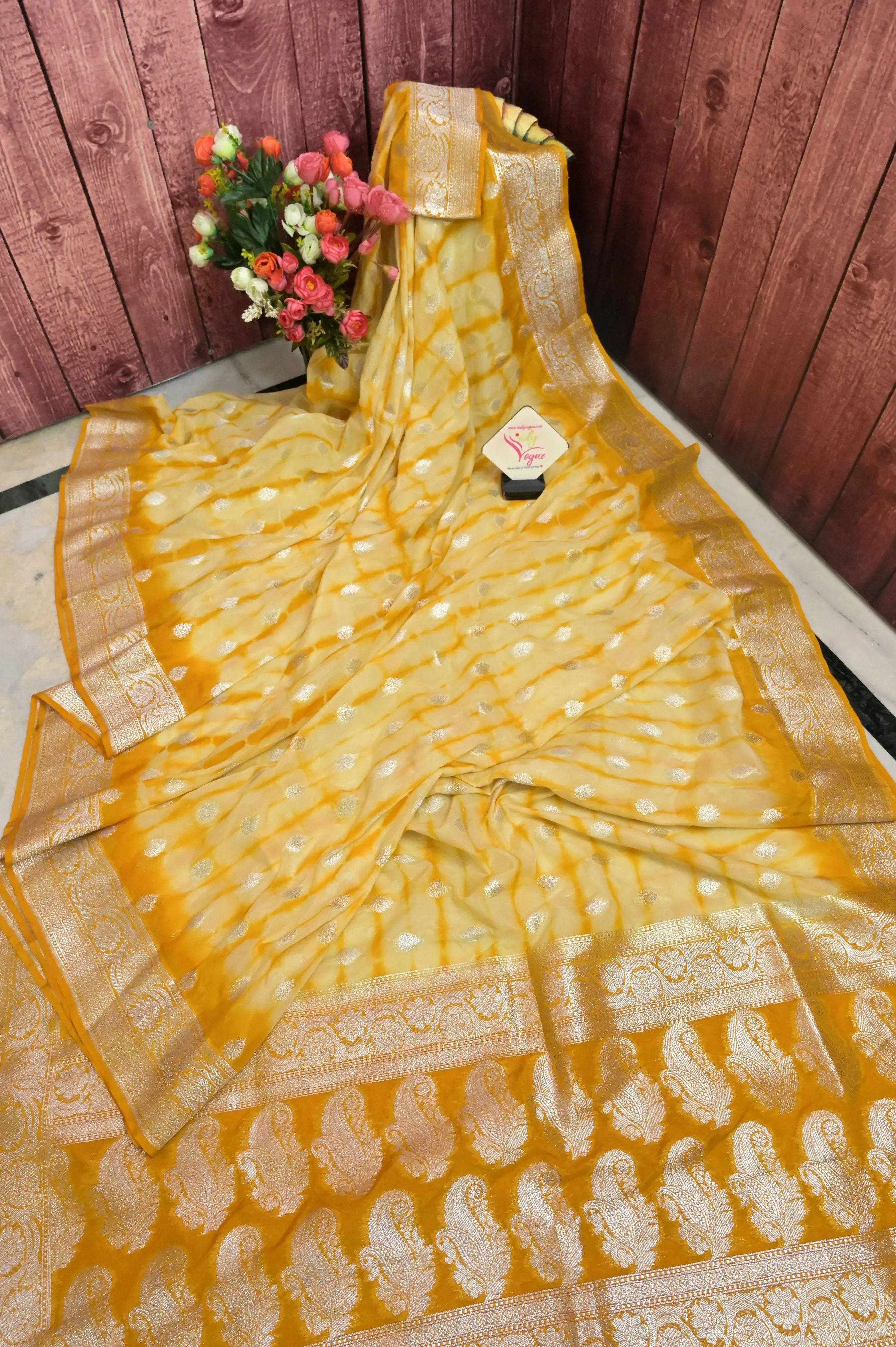 Yellow and Offwhite Color Georgette Saree with Shibori Dye Work and Silver Butta