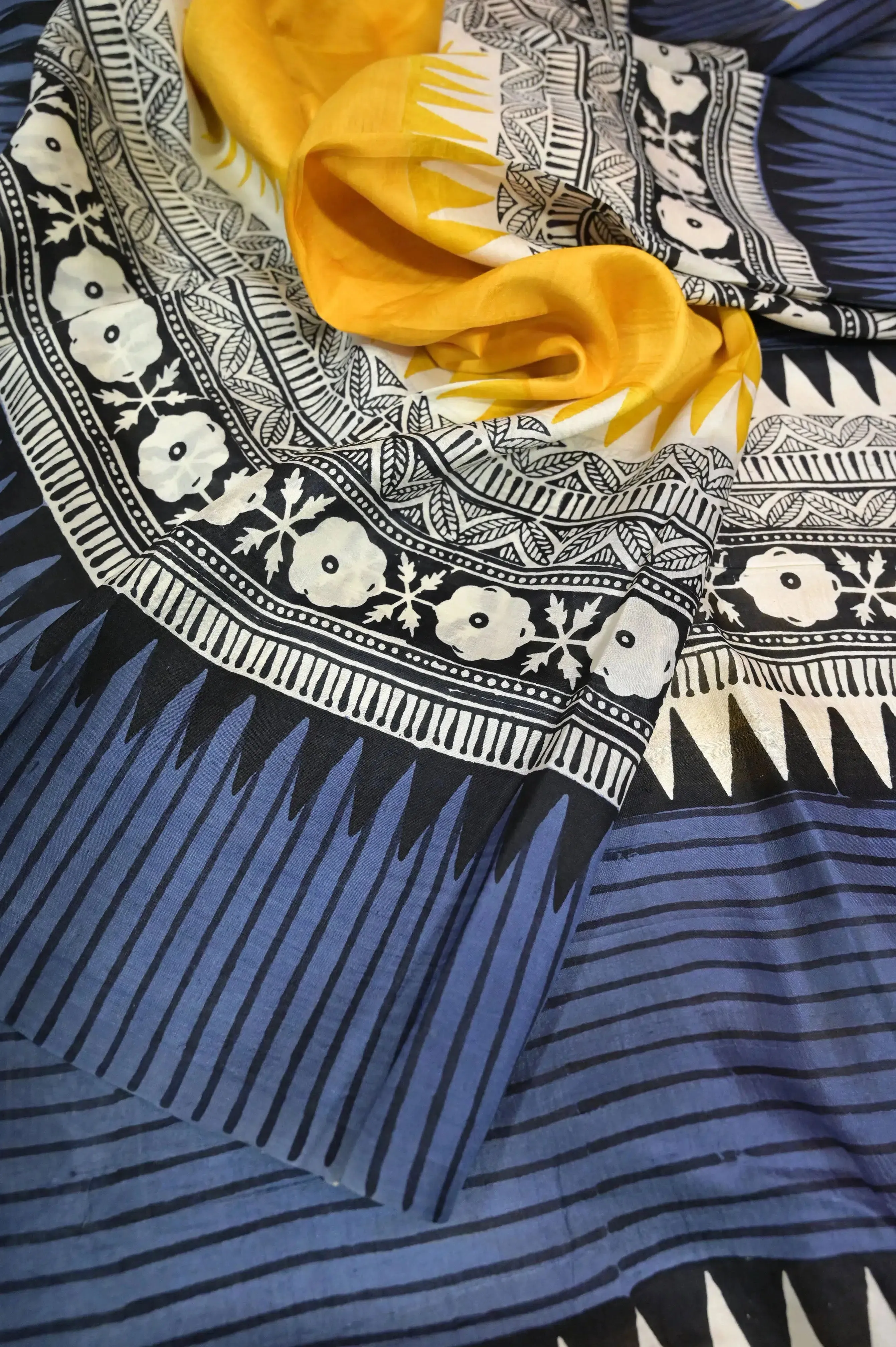 Yellow Color Bishnupur Silk with Hand Block and Skirt Border